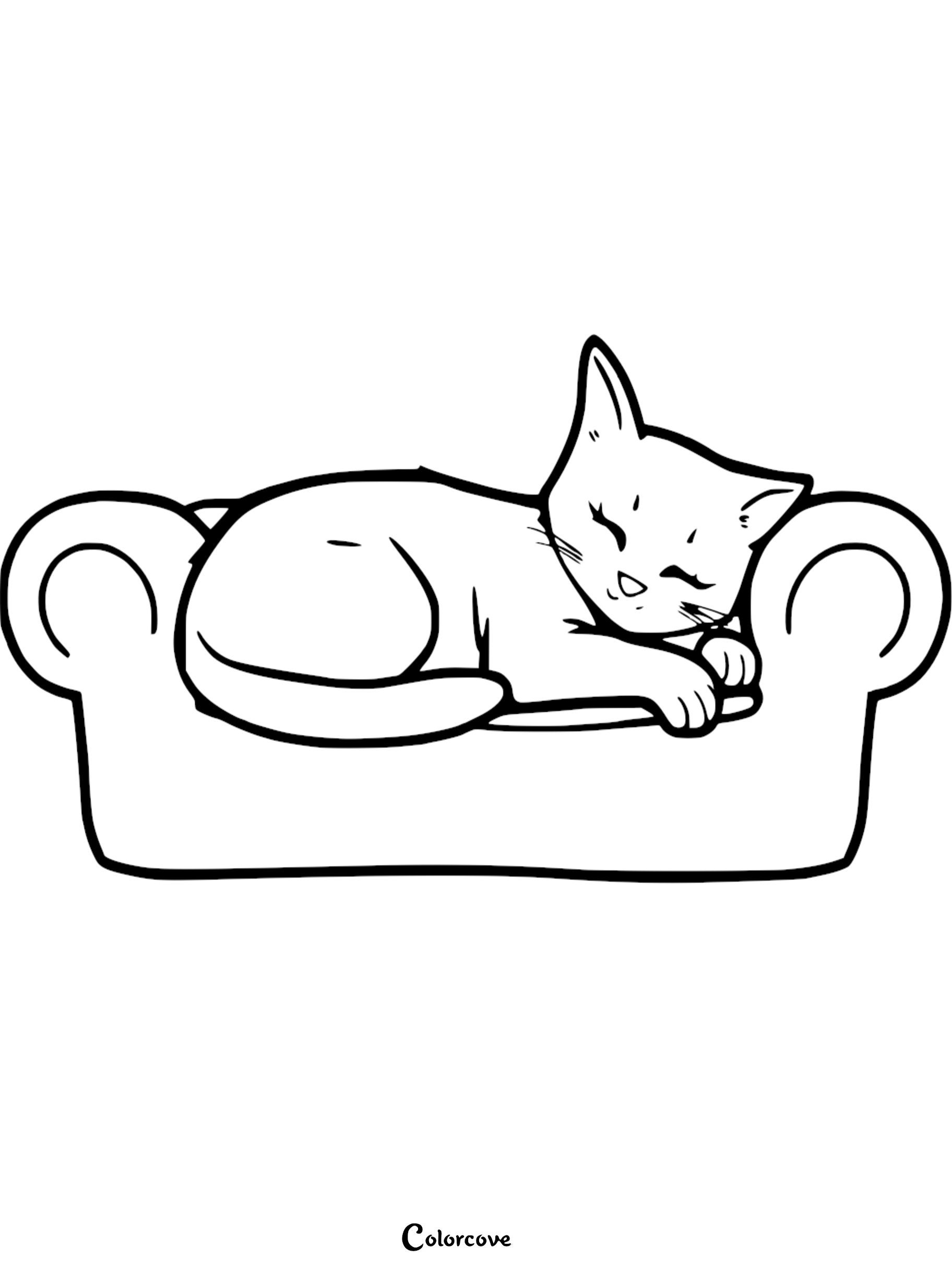 A cute cat with closed eyes curled up and sleeping on a small, rounded armchair in this printable coloring page.