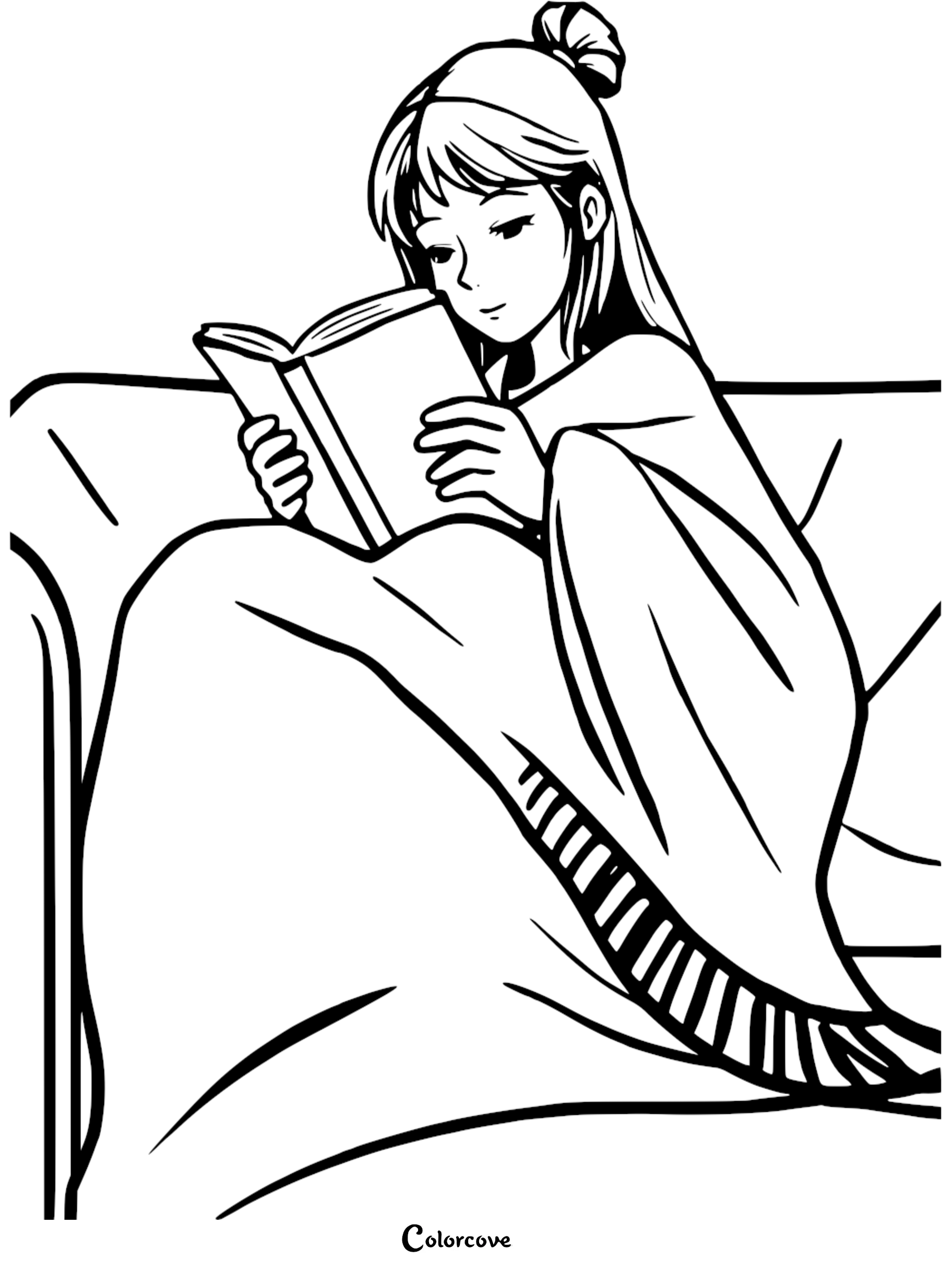 A girl with a hair bun reading a book while wrapped in a fringed blanket on a cozy sofa, line art coloring page.