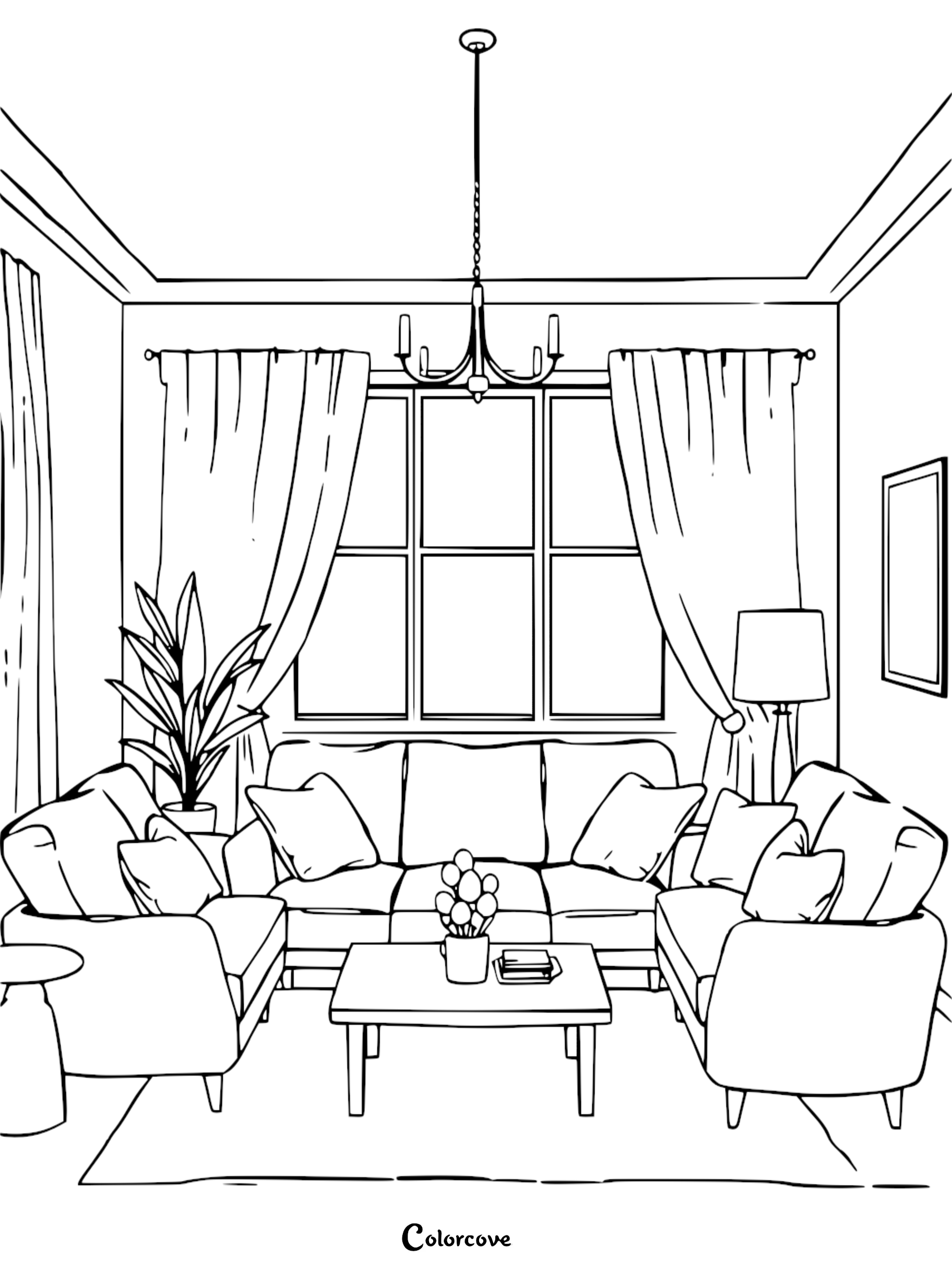 A line art coloring page of a cozy living room featuring a plush sofa, coffee table with a plant, floor lamp, and large window with curtains.