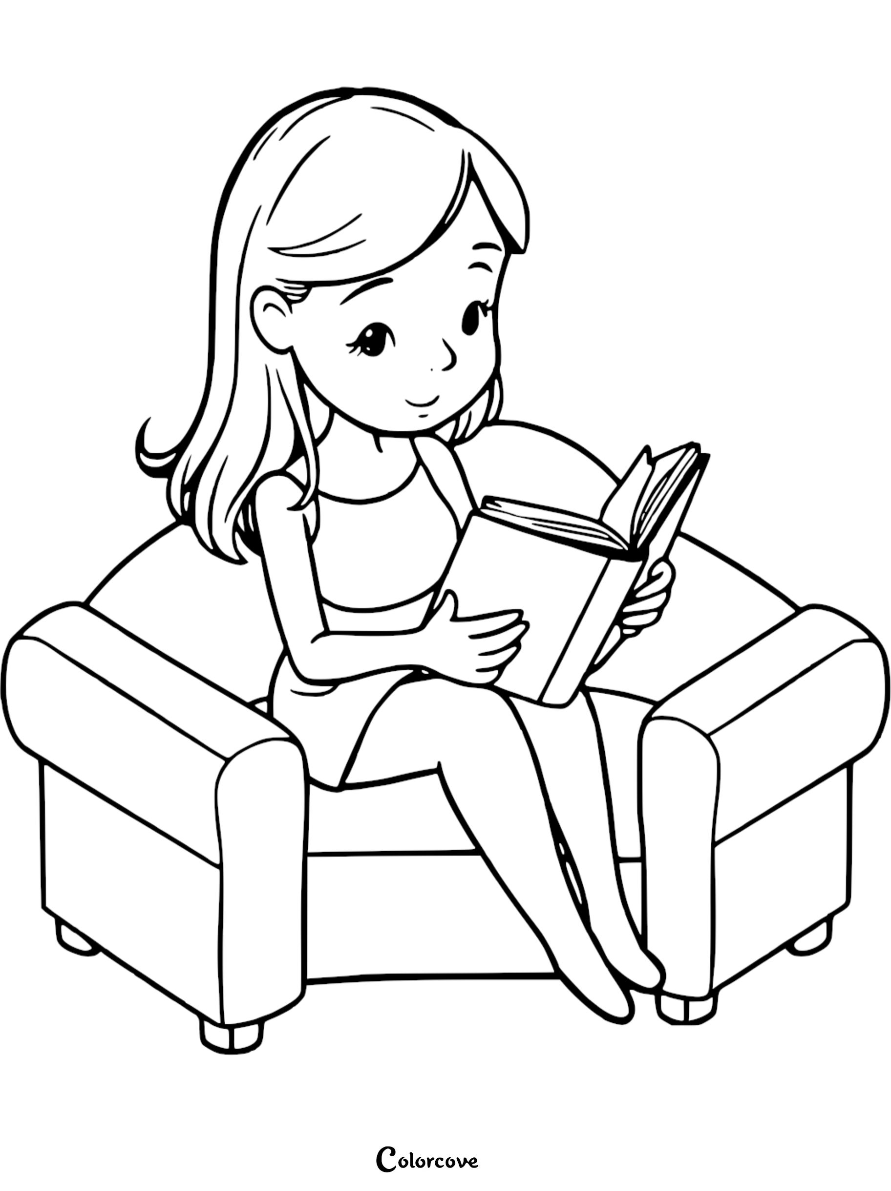 A young girl with long hair sitting in a comfortable armchair reading a book, line art coloring page.