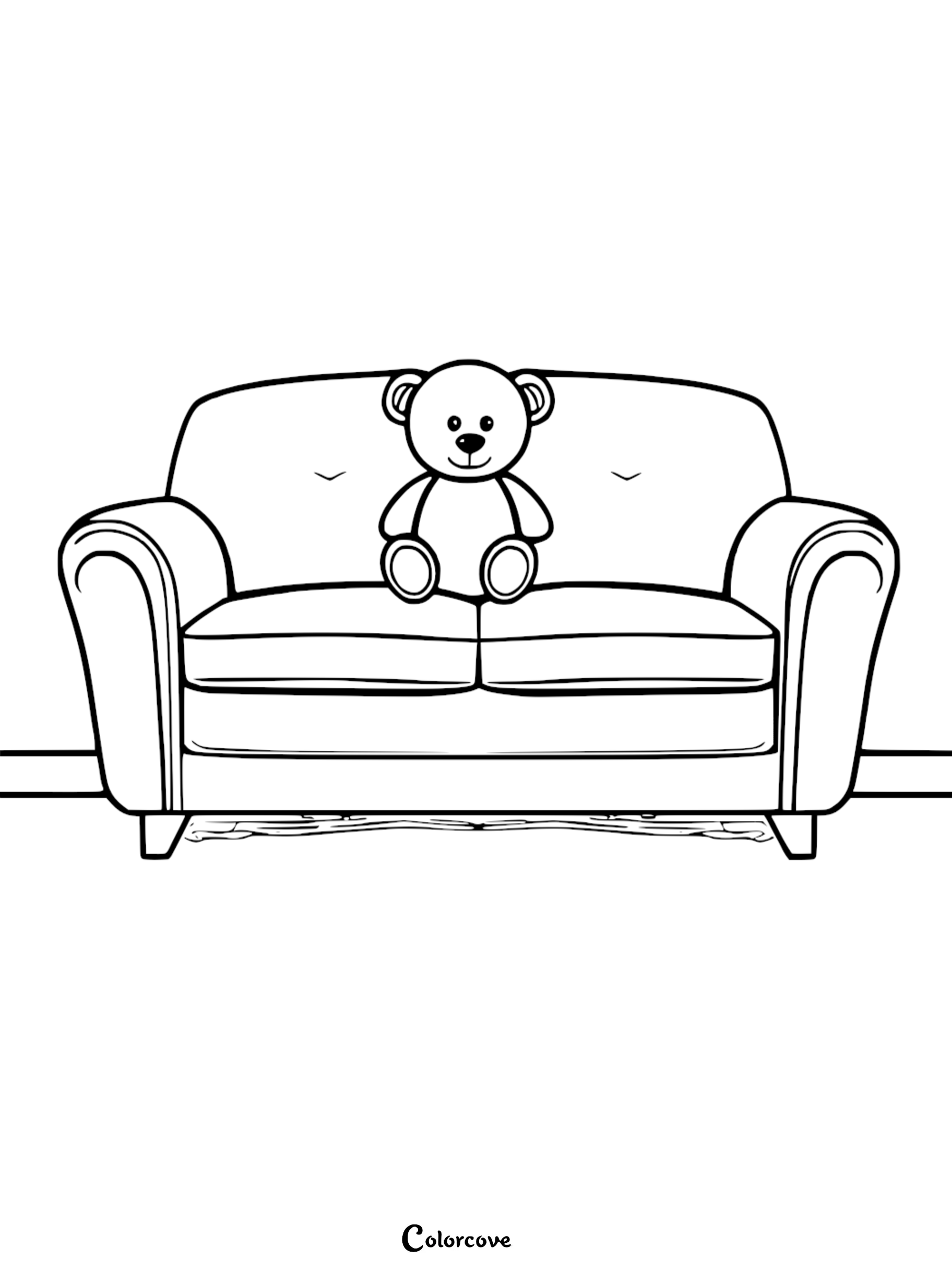 A simple line art coloring page featuring a cute teddy bear sitting in the center of a plush, comfortable sofa.