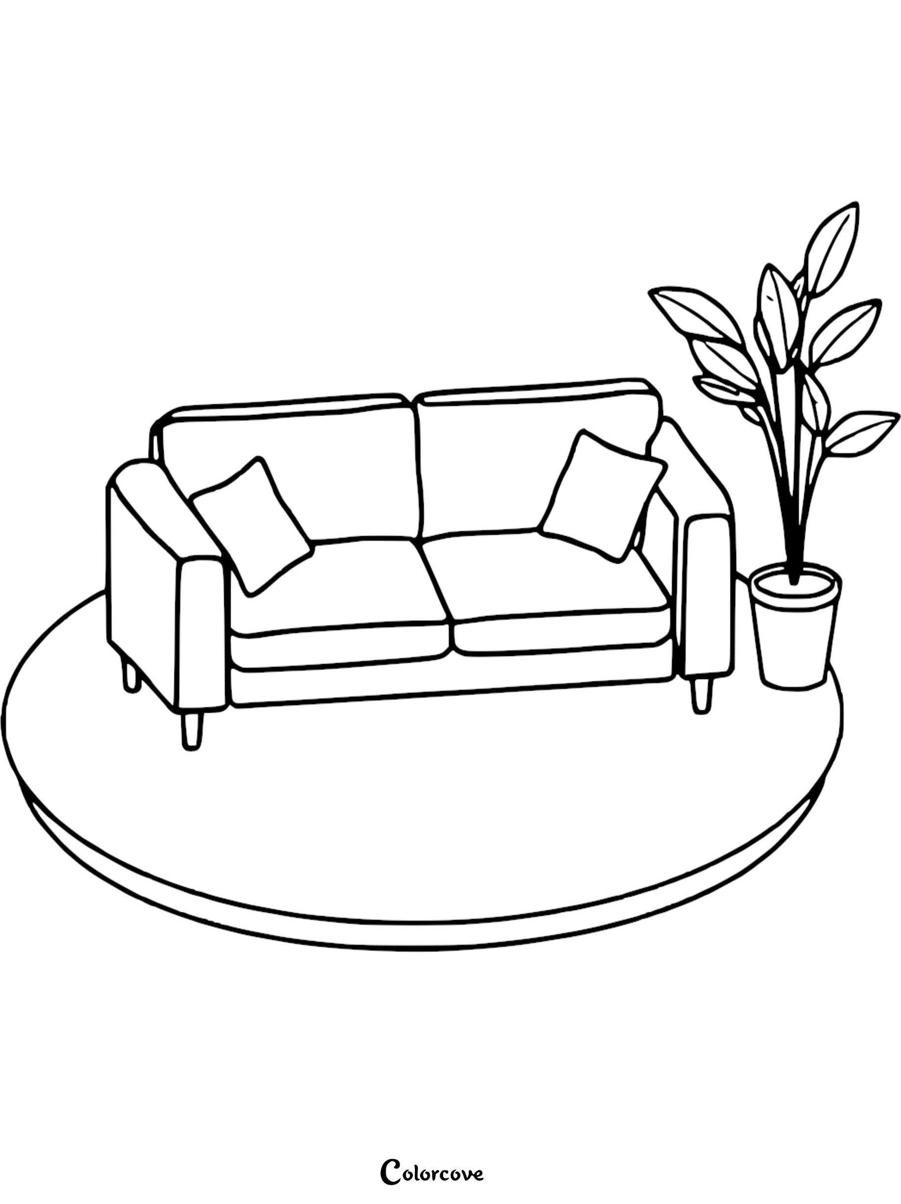 A minimalist line art coloring page featuring a two-seater sofa with two throw pillows placed on a circular rug next to a tall potted houseplant.