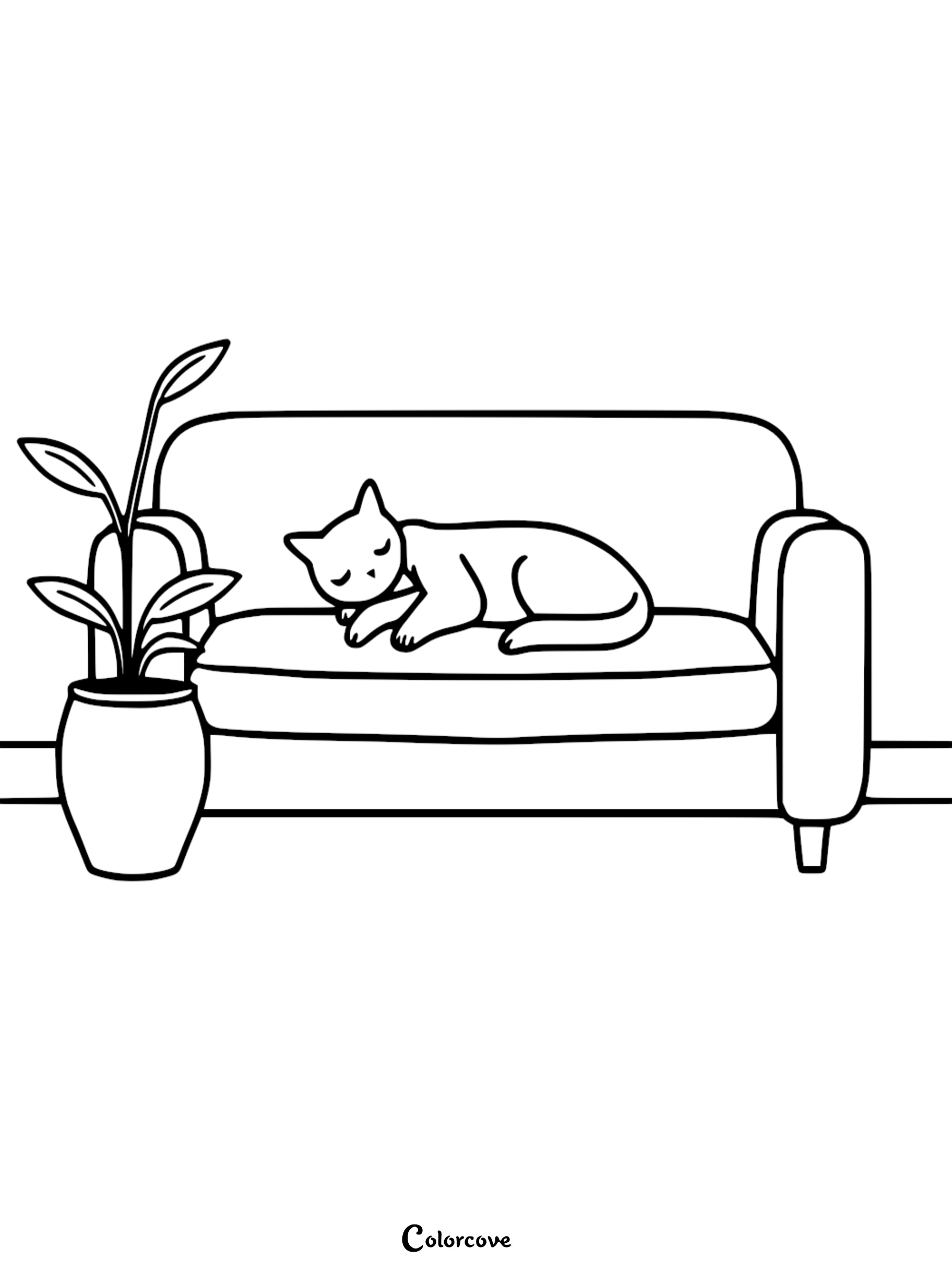 A simple line art coloring page featuring a cute cat curled up asleep on a comfortable sofa next to a potted houseplant.