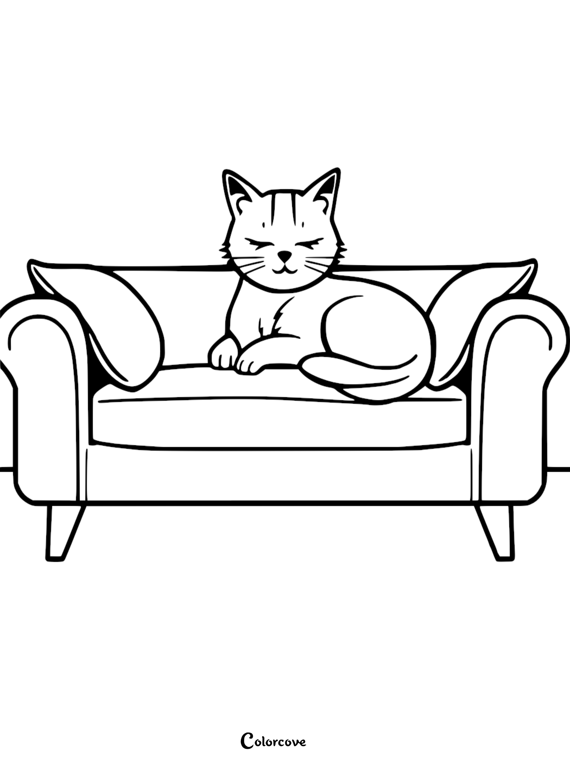 A content cat with closed eyes lounging on a plush sofa in this printable coloring page.