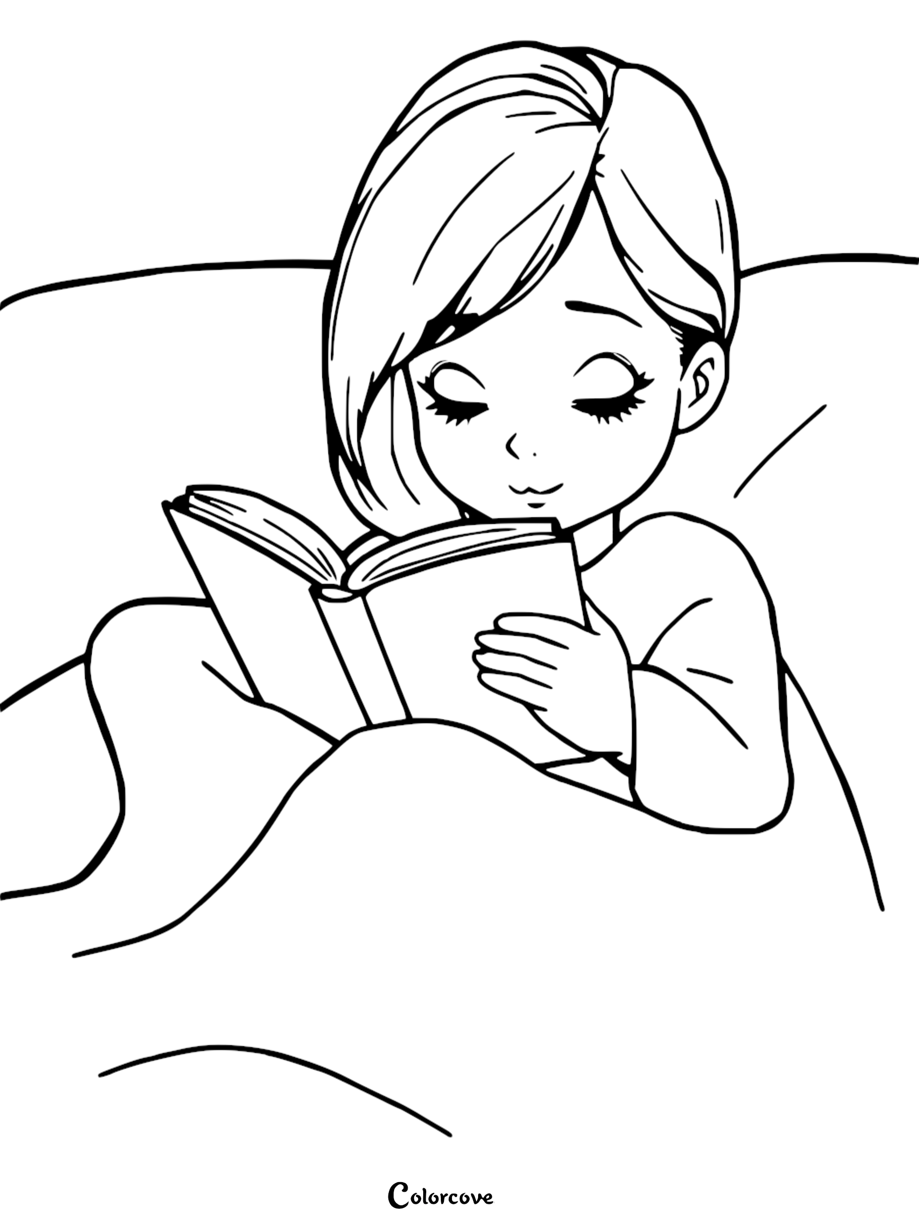 A girl with short hair reading a book while tucked under a blanket on a cozy sofa, line art coloring page.