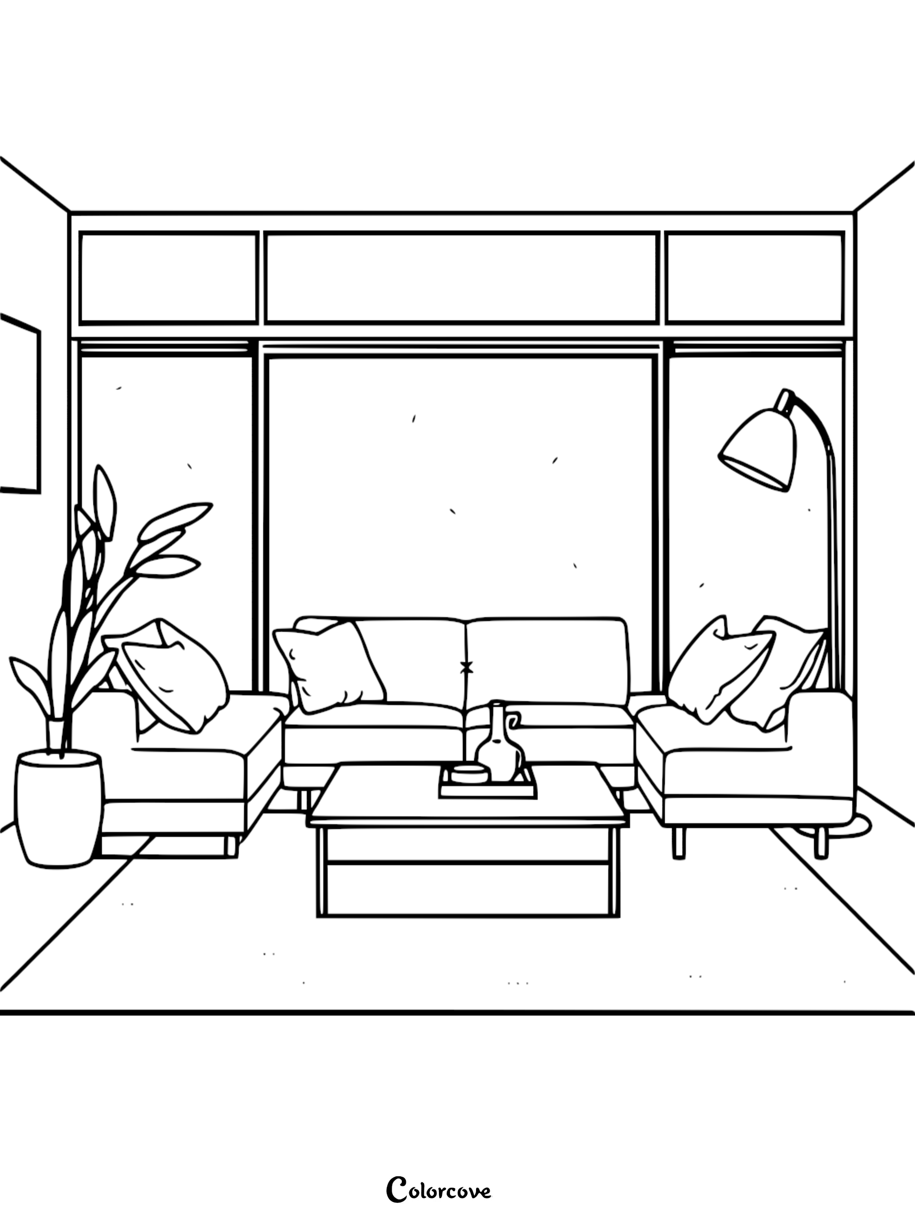 A line art coloring page of a modern living room featuring a sectional sofa, a coffee table with a vase, a potted plant, and a floor lamp in front of large windows.