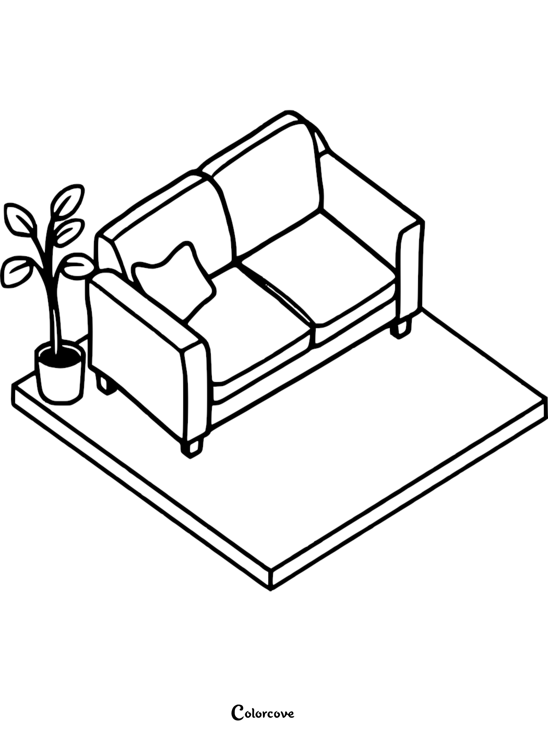 Isometric line art coloring page of a two-seater sofa with a single throw pillow and a potted houseplant on a rug.