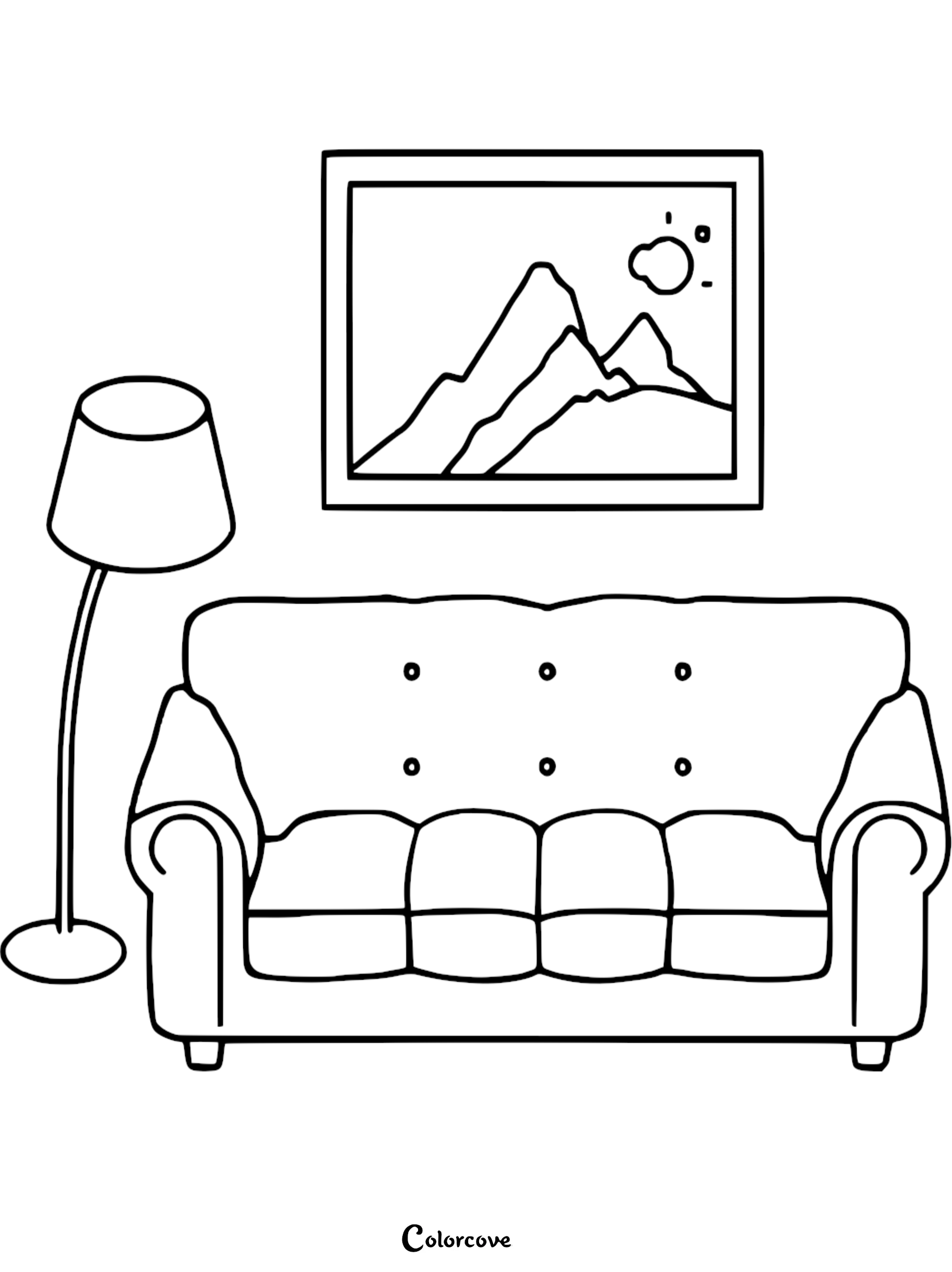 A simple line art coloring page featuring a tufted sofa, a floor lamp, and a framed mountain landscape painting on the wall.