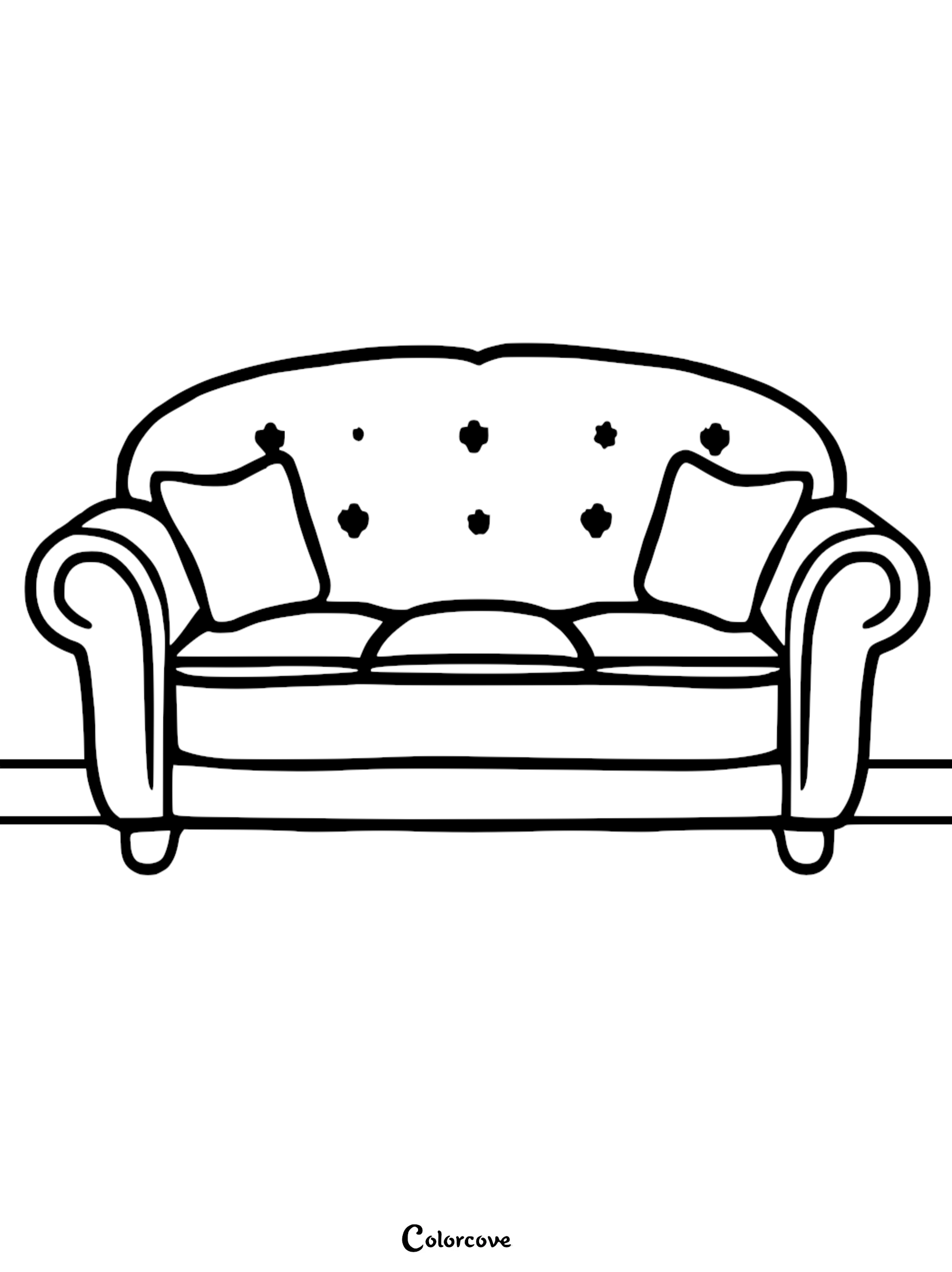 A simple line art coloring page of a tufted sofa with two throw pillows and rolled armrests.