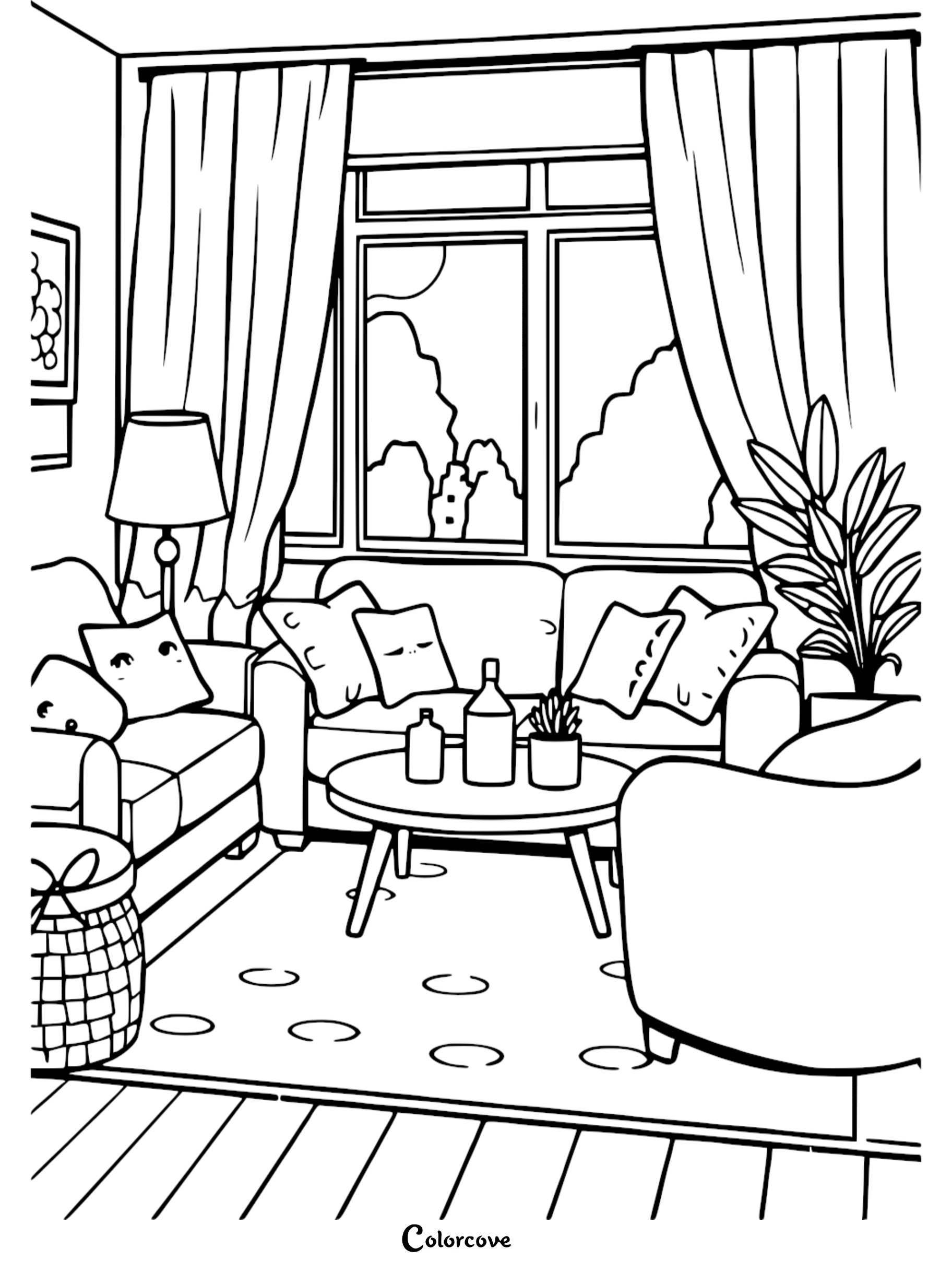 A cozy living room coloring page featuring a sofa with plush pillows, a coffee table with bottles, and a large window with curtains.
