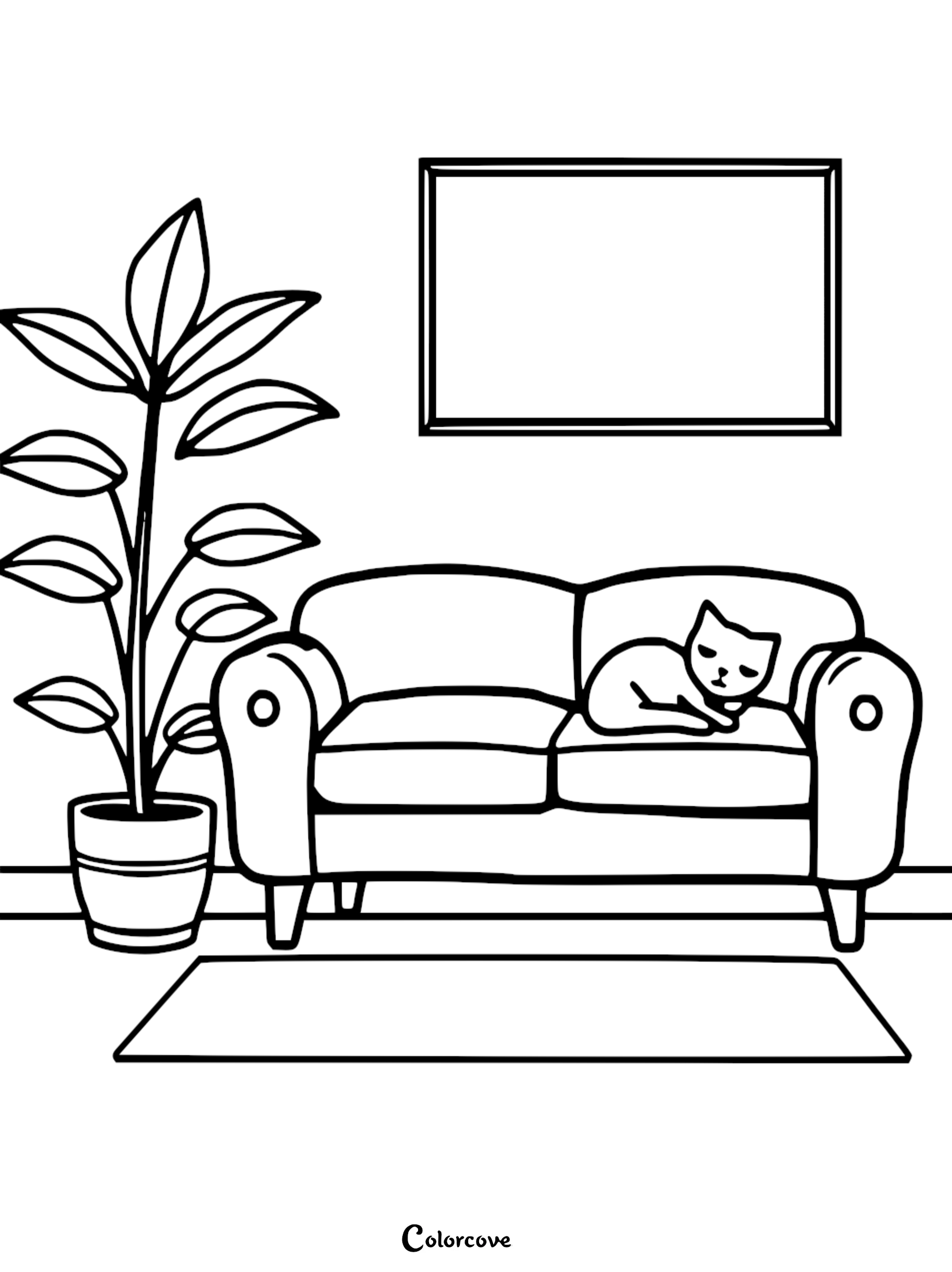 A simple line art coloring page featuring a cat sleeping on a comfortable sofa next to a potted plant and a wall frame.