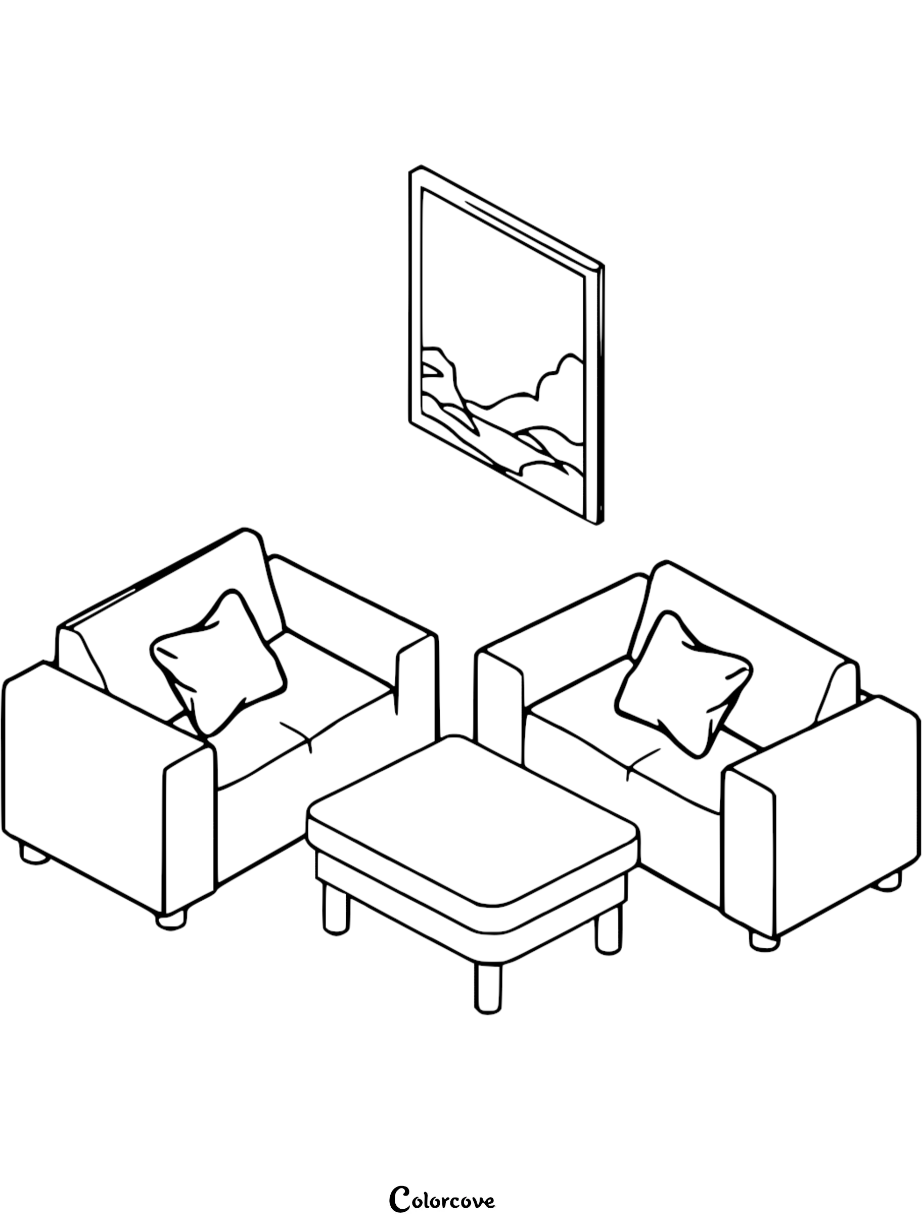 Isometric line art coloring page featuring two armchairs with pillows and a central coffee table below a framed landscape painting.