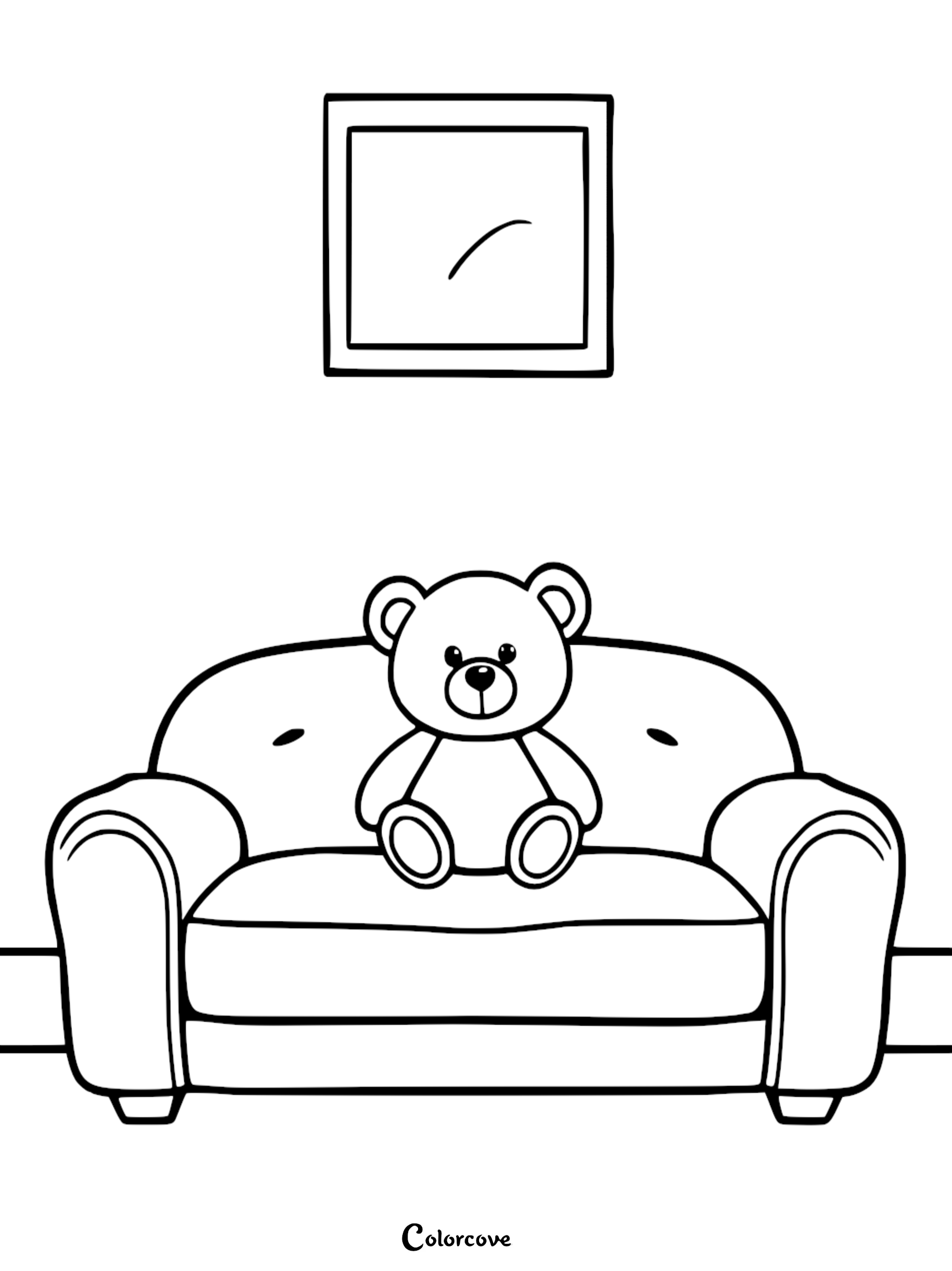 A cute teddy bear sitting on a cozy sofa under a wall picture frame, simple line art coloring page.
