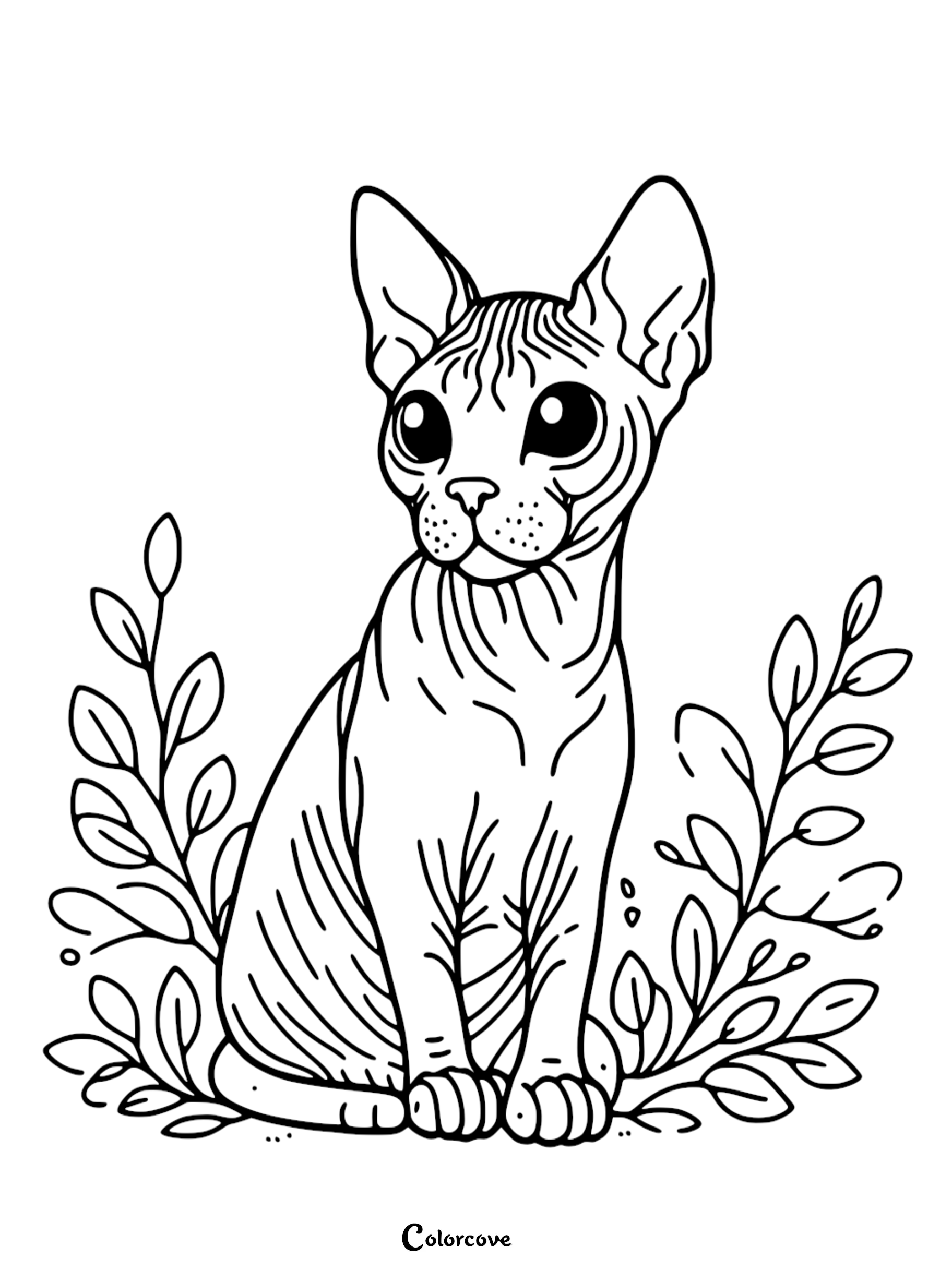 Sphynx cat coloring page with detailed leaves background, perfect for kids and adults to color and enjoy.