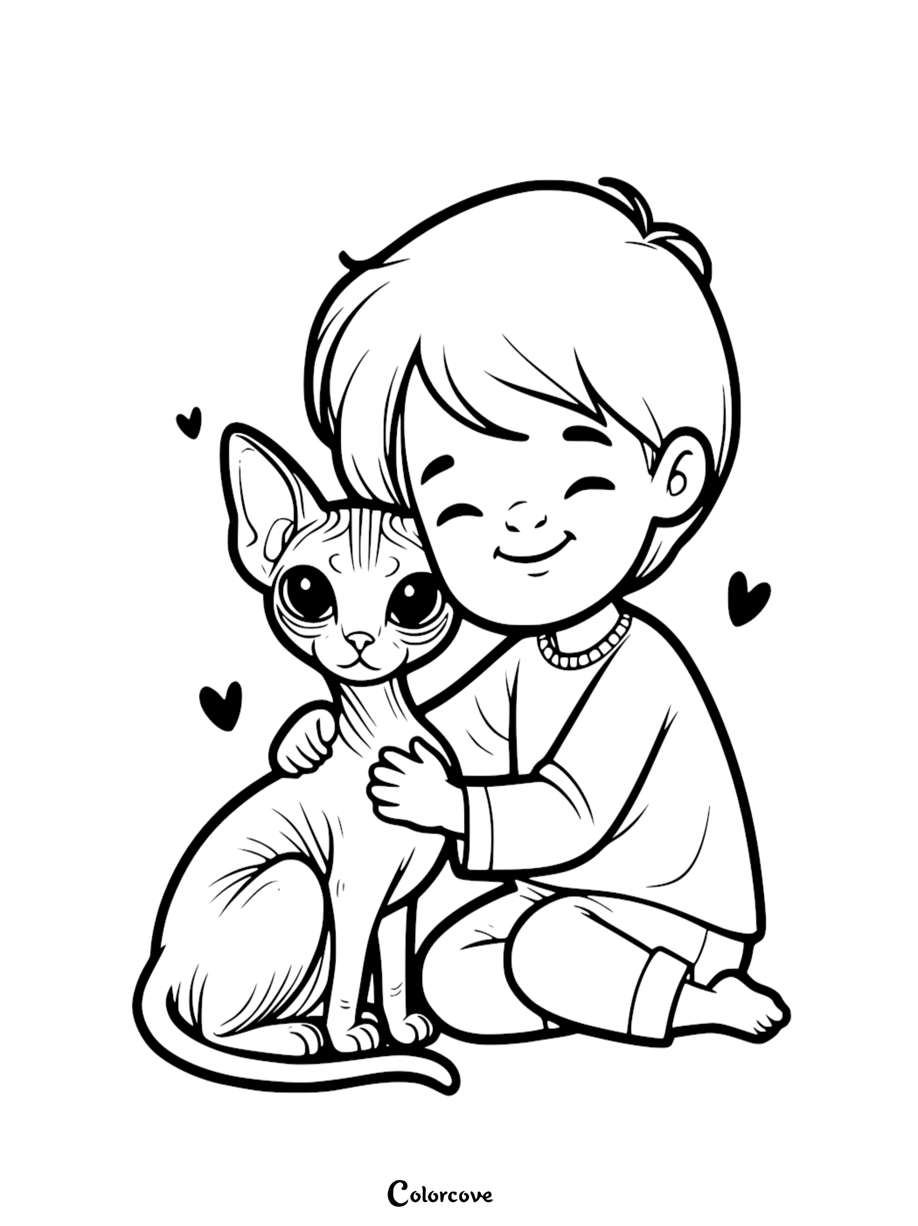 Coloring page of a smiling child hugging a Sphynx cat with hearts in the background. Ideal for kids' activities.