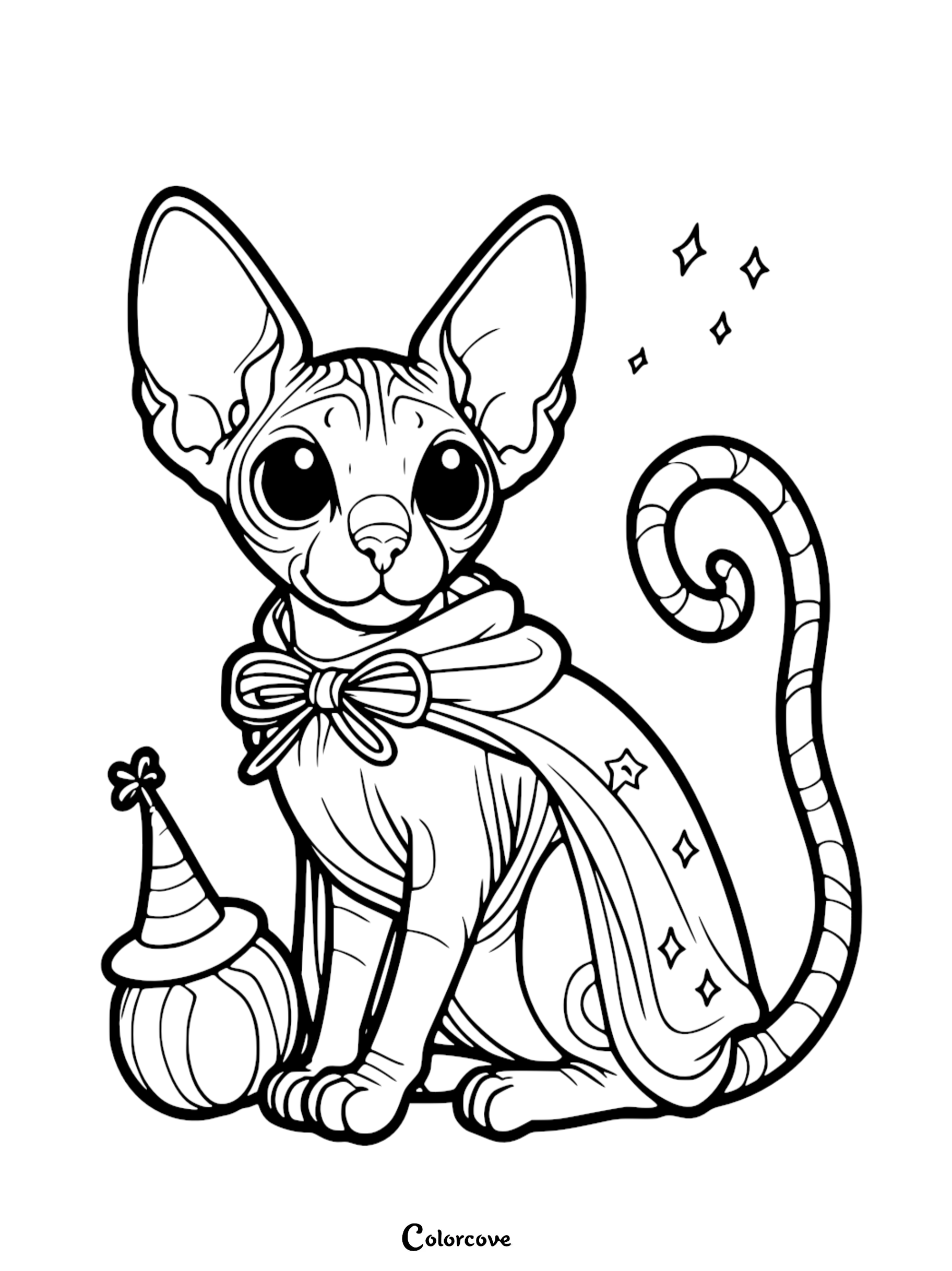 Adorable sphynx cat coloring page with stars and wizard costume, perfect for kids and cat lovers to color and enjoy.