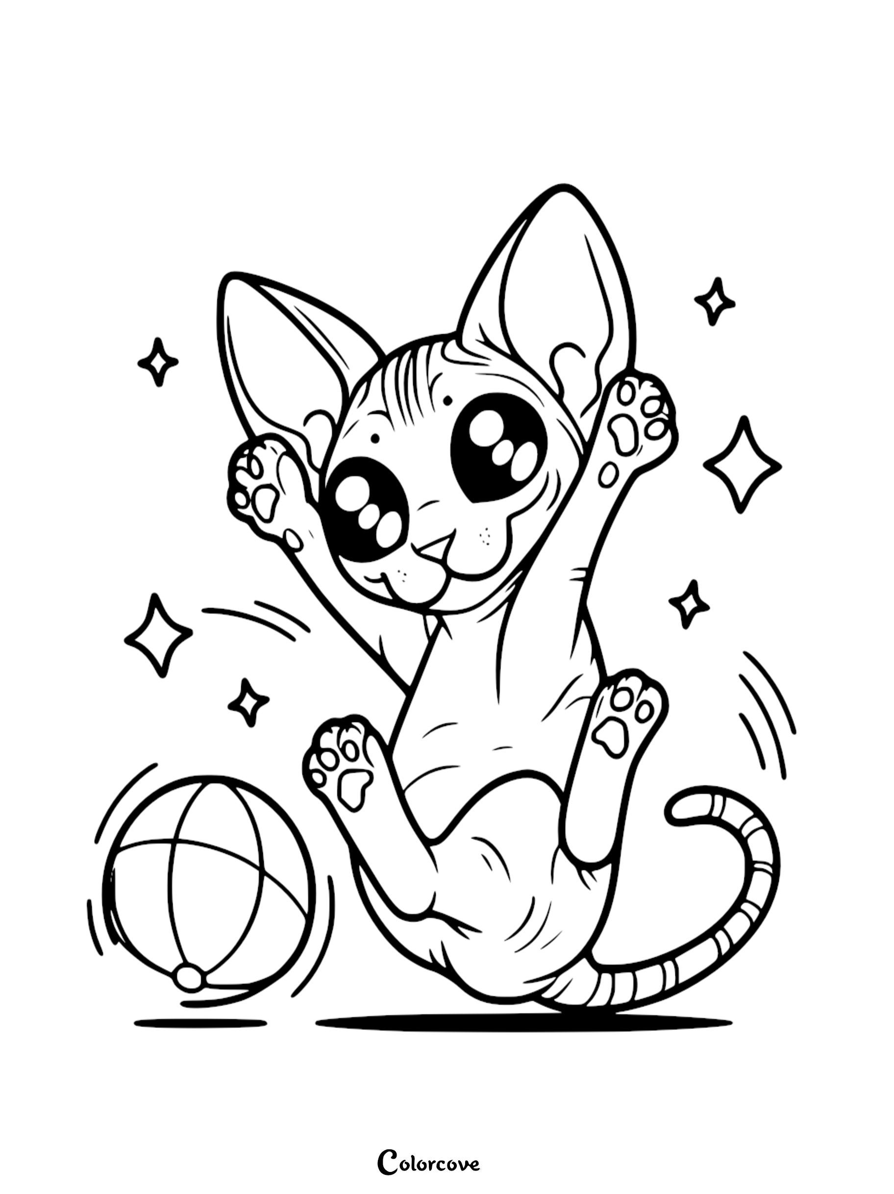 Cute cartoon cat playing with a ball coloring page. Fun and playful design for kids to color and enjoy.