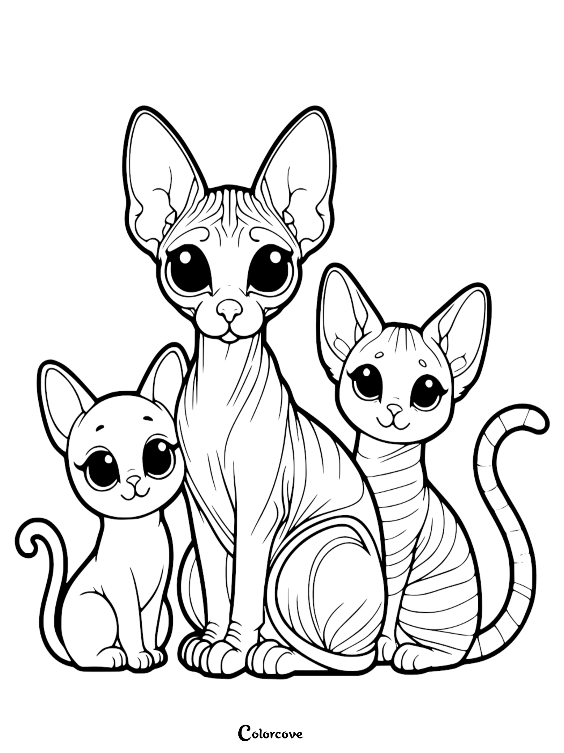 Coloring page featuring three adorable cats with large eyes and distinct markings, perfect for kids and cat lovers.
