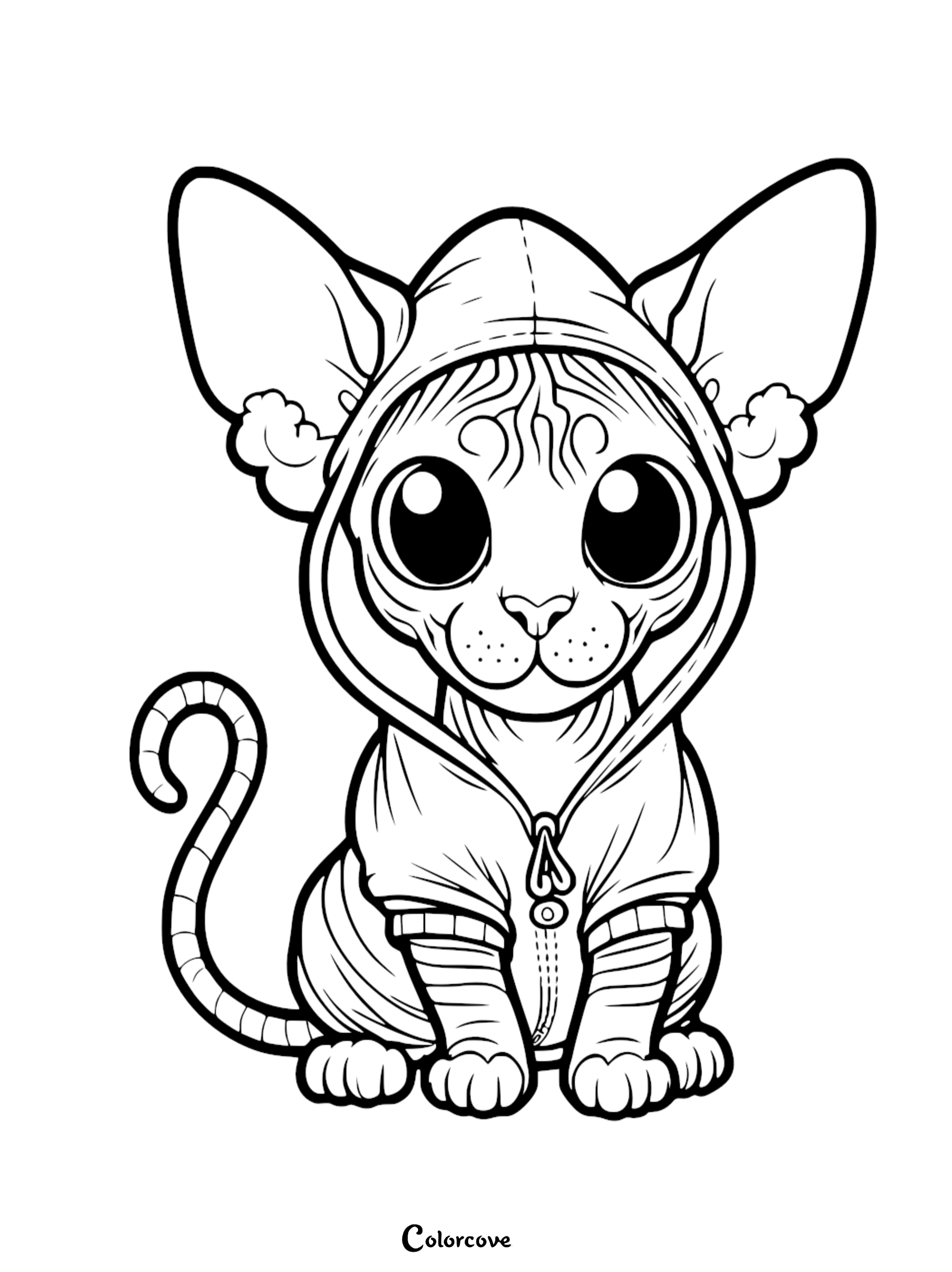 Coloring page of an adorable cat with big eyes wearing a hoodie, perfect for kids and cat lovers.