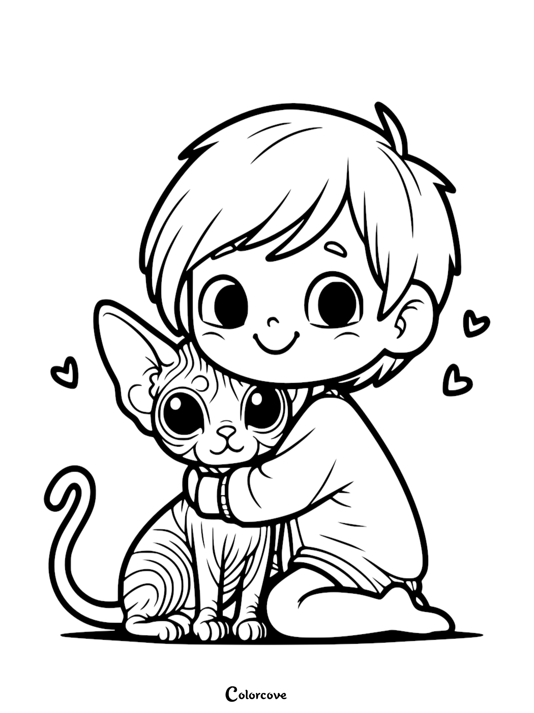 Child hugging a cat coloring page, featuring adorable cartoon characters with hearts, perfect for kids' coloring activities.