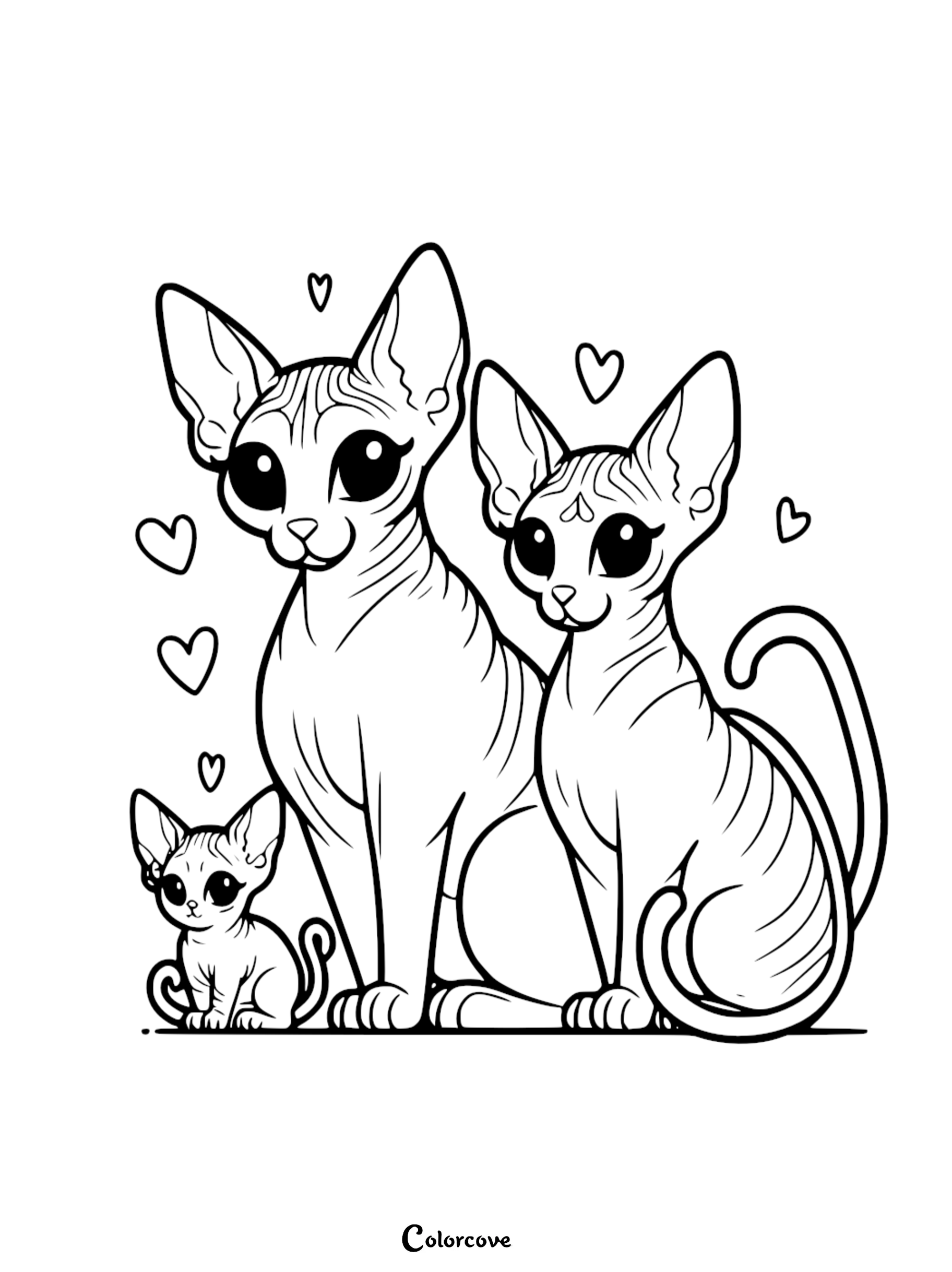 Coloring page of a sphynx cat family with hearts, perfect for kids and cat lovers to enjoy and color. Printable illustration.
