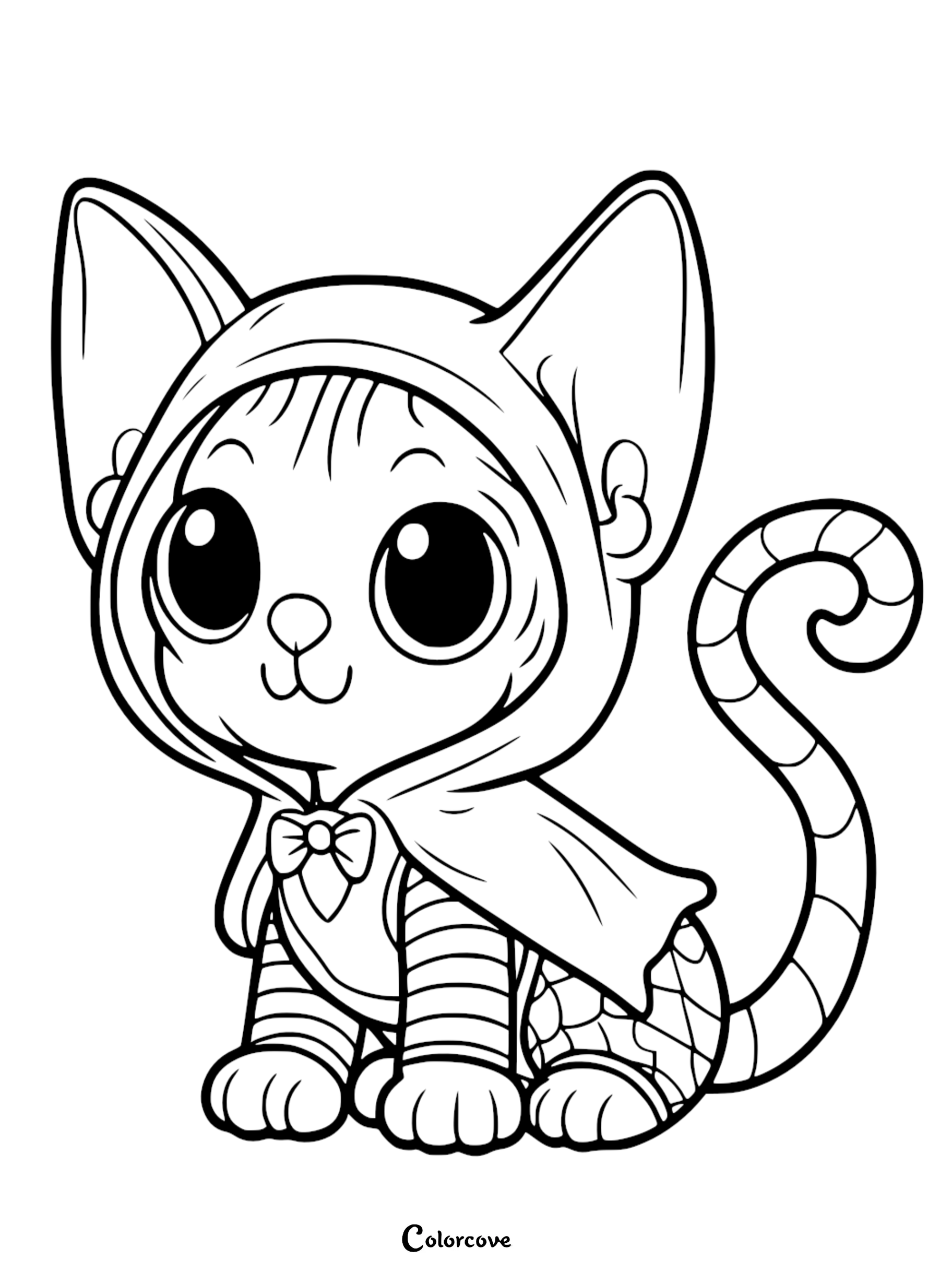 Cute cat in a hoodie coloring page for kids. Adorable feline with a cape and stripes, perfect for fun coloring activities.