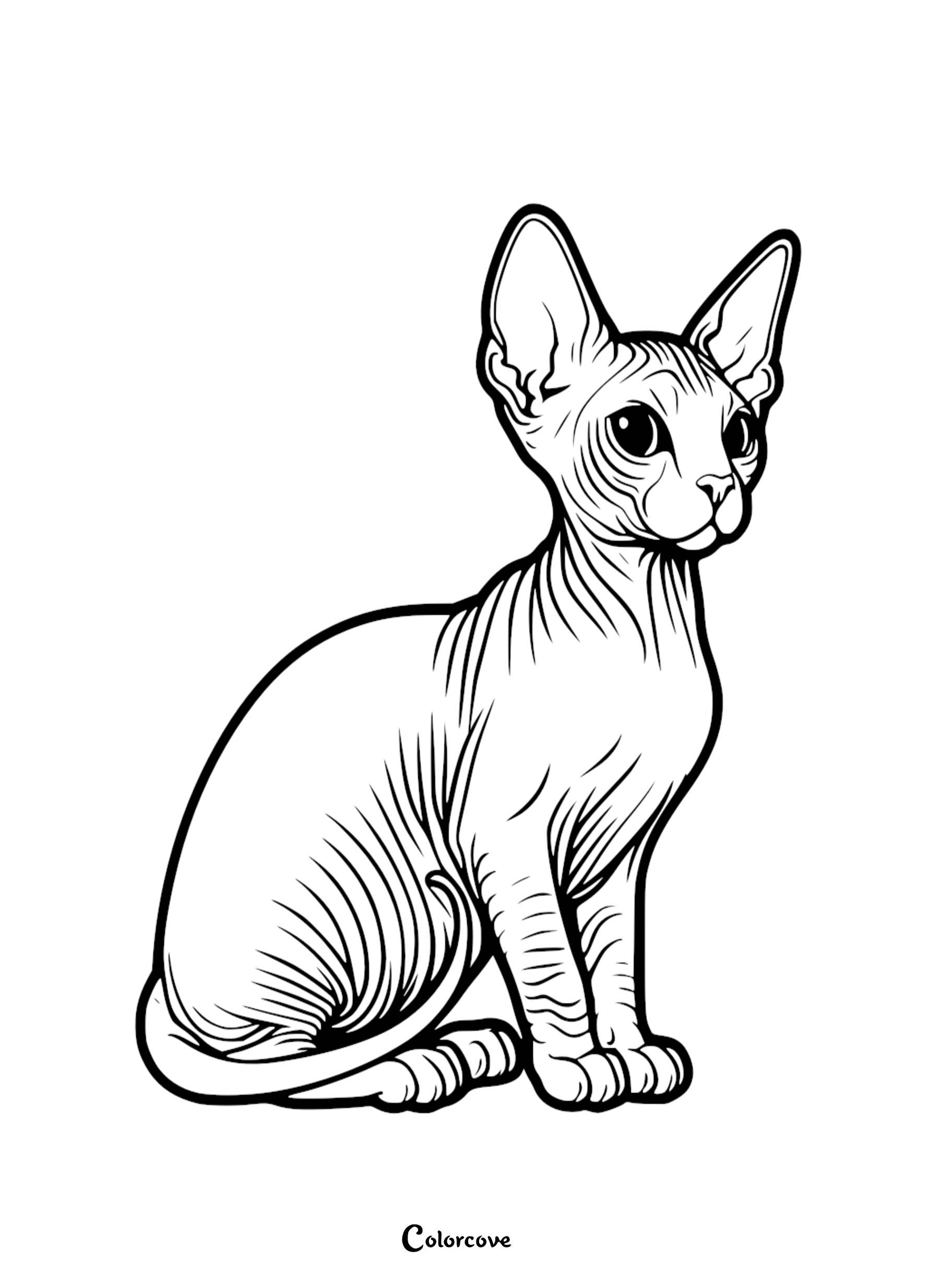 Sphinx cat coloring page, black and white line drawing of a sitting hairless cat with large ears for kids and adults to color.