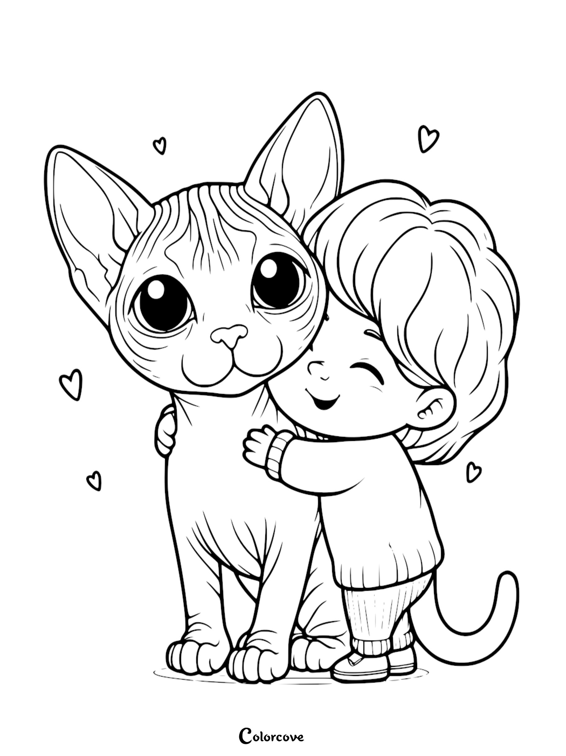 Child hugging big-eyed cat coloring page, perfect for kids who love animals. Printable and fun for all ages.