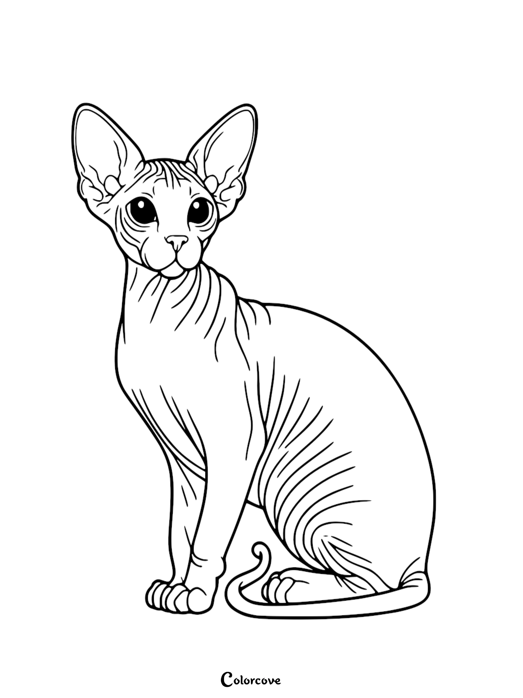 Coloring page of a Sphynx cat. Detailed line drawing for kids and adults to color. Free printable cat coloring sheet.