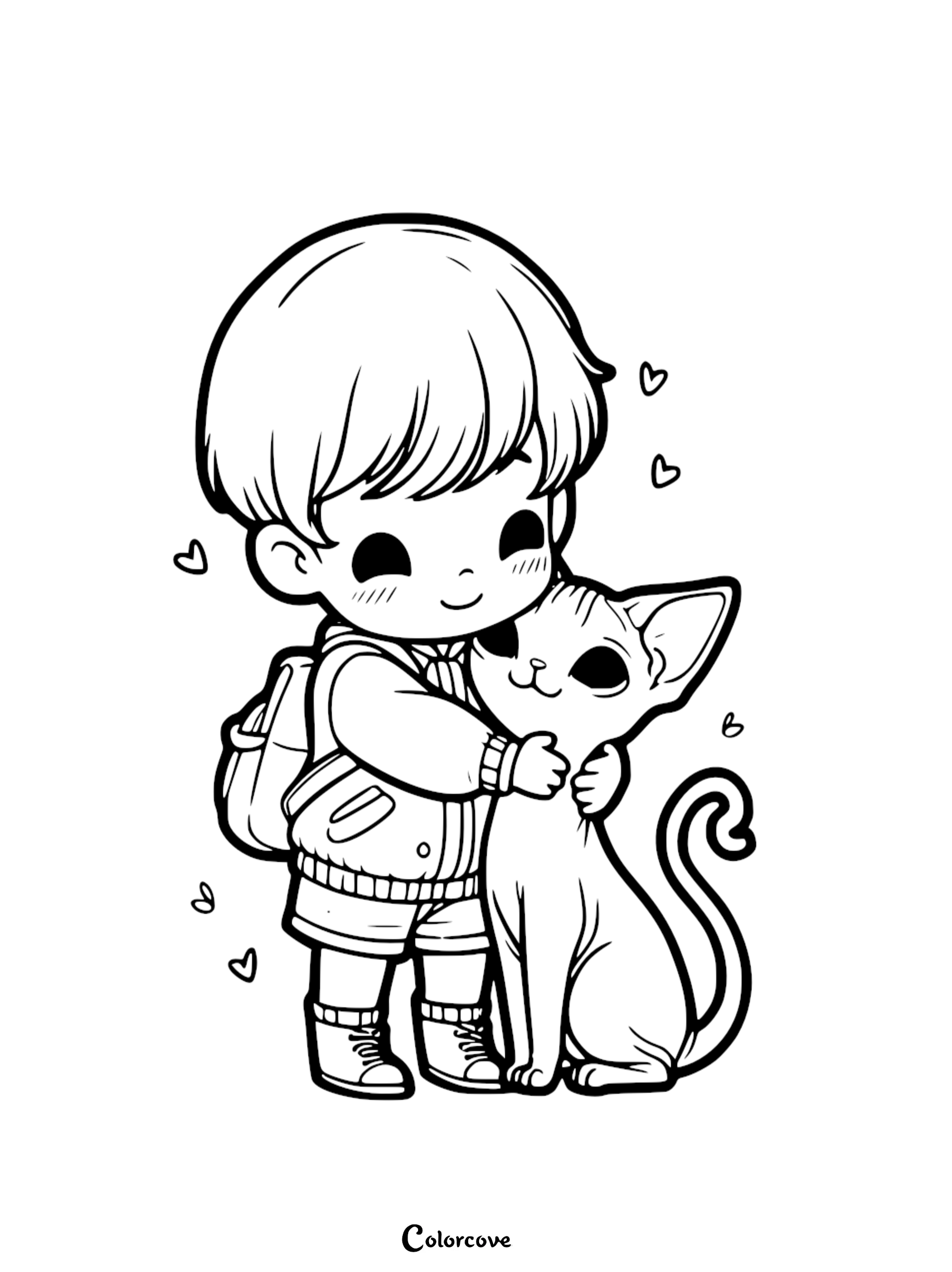 Cute coloring page of a child hugging a cat with heart illustrations around them; perfect for kids' creative fun.