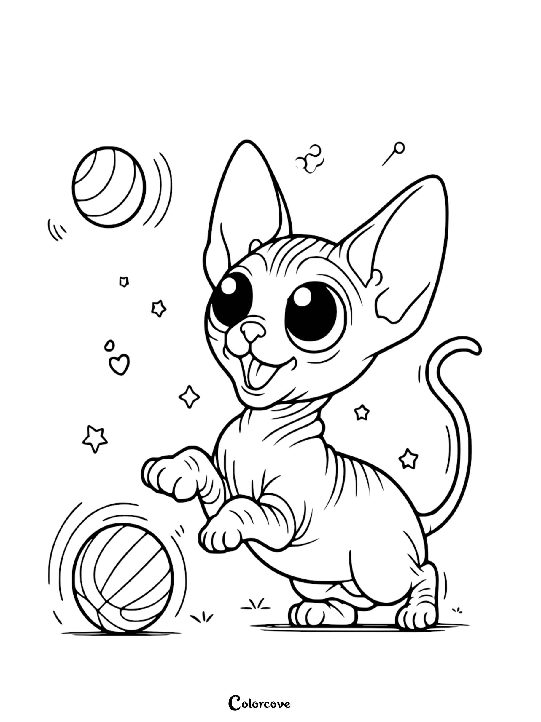 Cute cat coloring page featuring a playful kitten with big eyes, surrounded by stars, hearts, and balls. Color Cove branding.