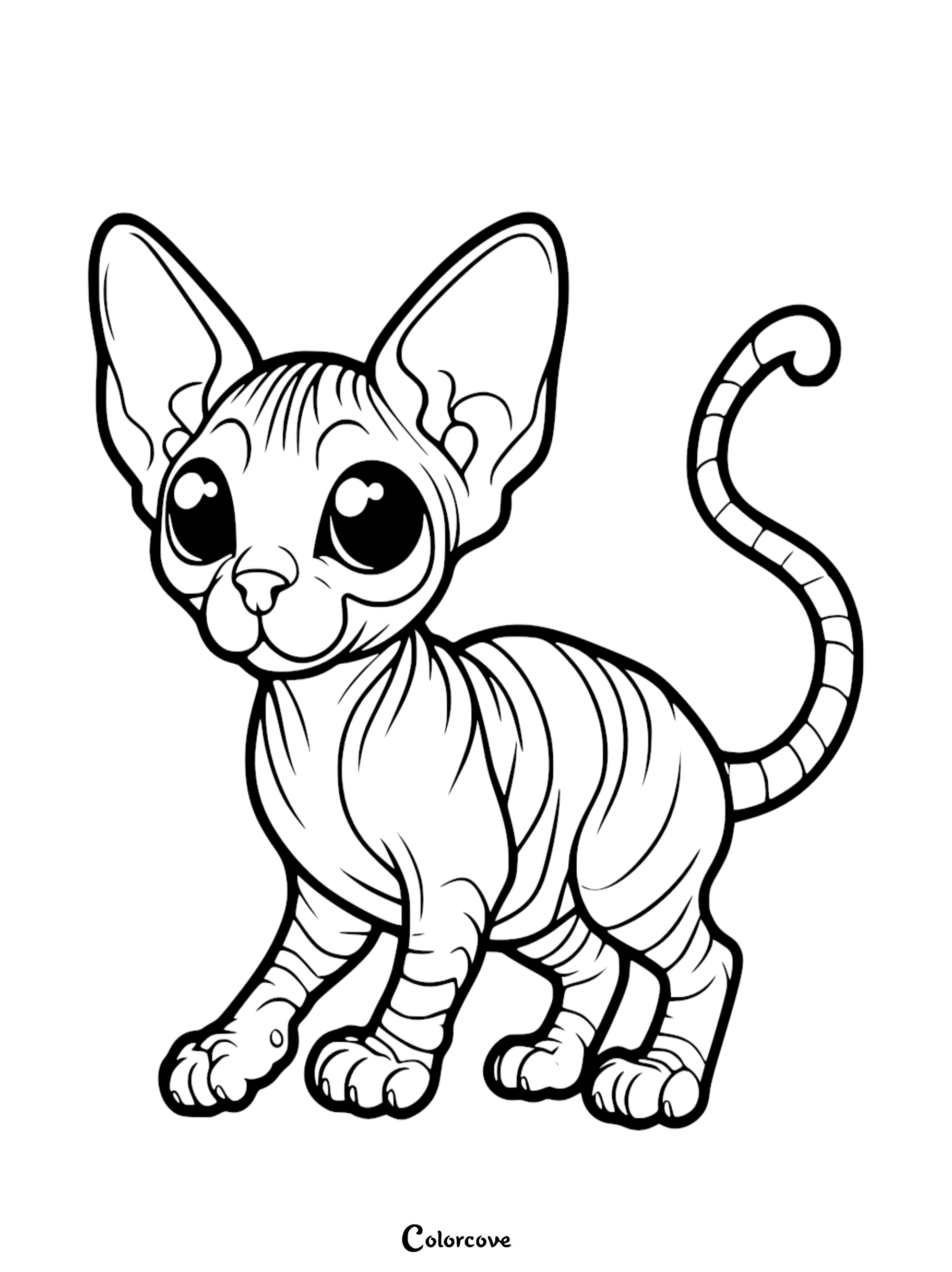 Sphynx cat coloring page for kids and adults, featuring large eyes and wrinkled skin, ideal for coloring and creativity.