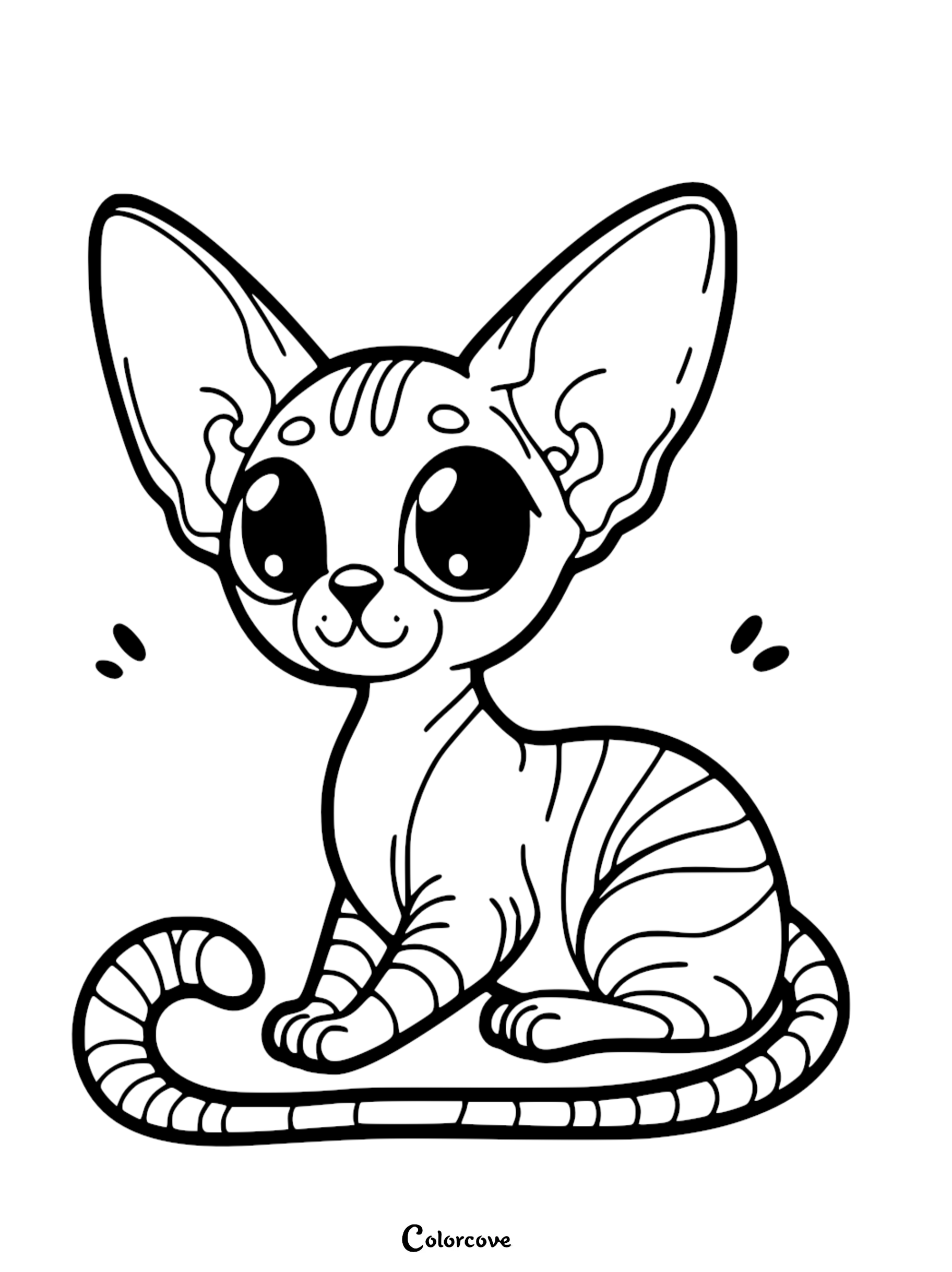 Cute cartoon kitten with large ears and stripes, ready to be colored. Perfect coloring page for kids and cat lovers.