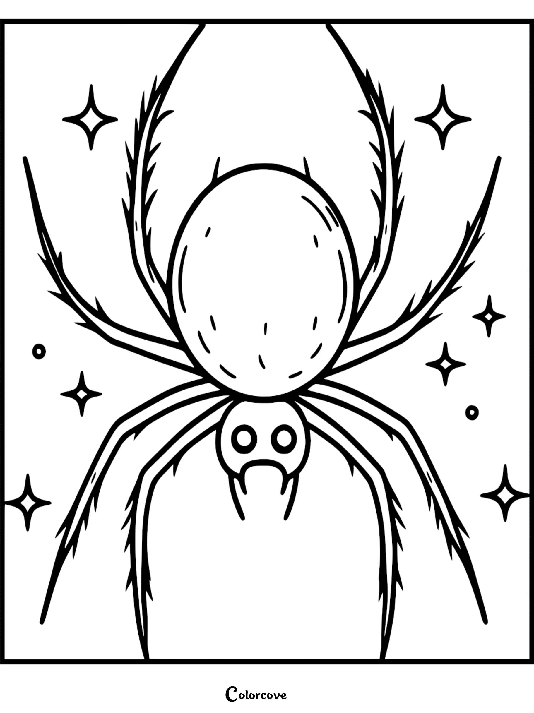 A simple line art coloring page featuring a cute spider with large eyes surrounded by sparkling stars.