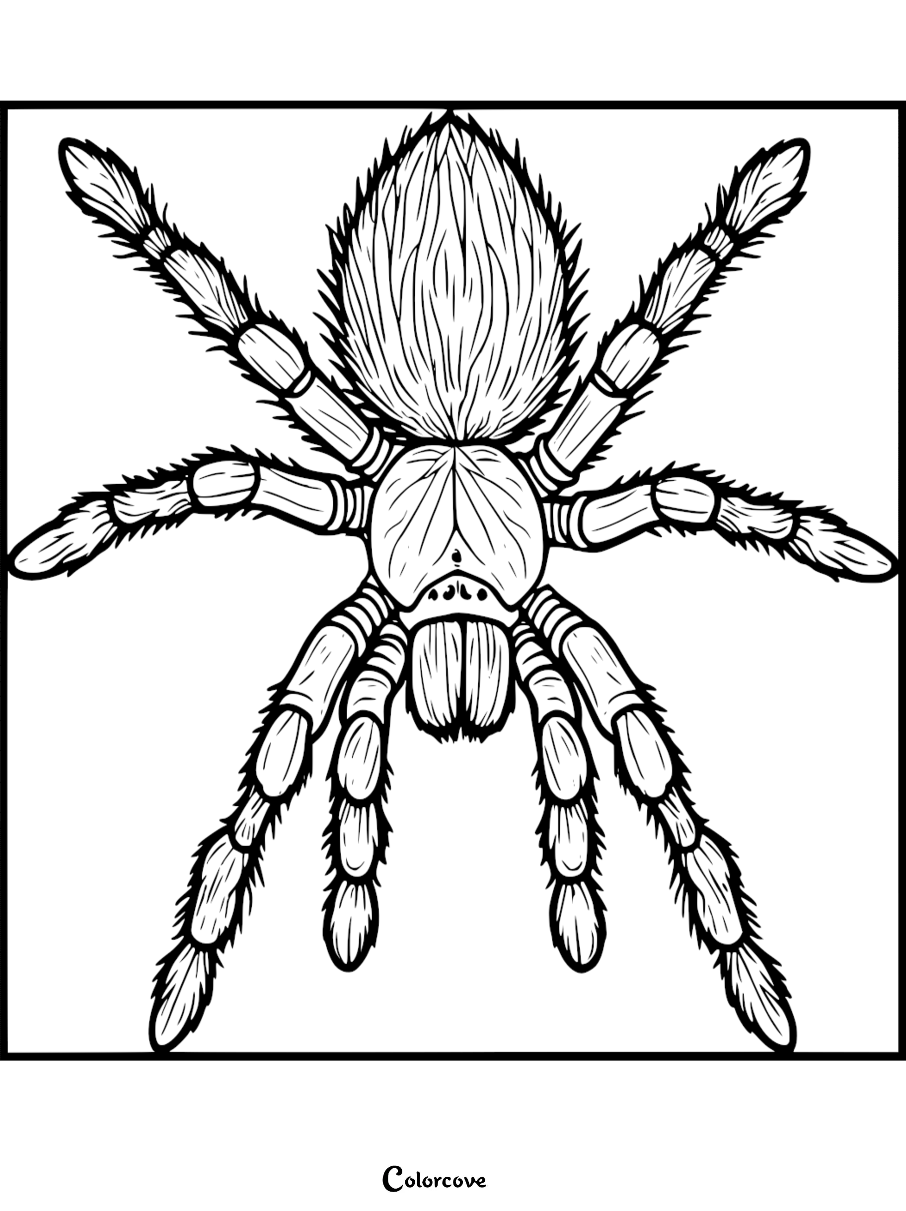 A detailed black and white coloring page of a hairy tarantula viewed from above with eight segmented legs and a fuzzy abdomen.