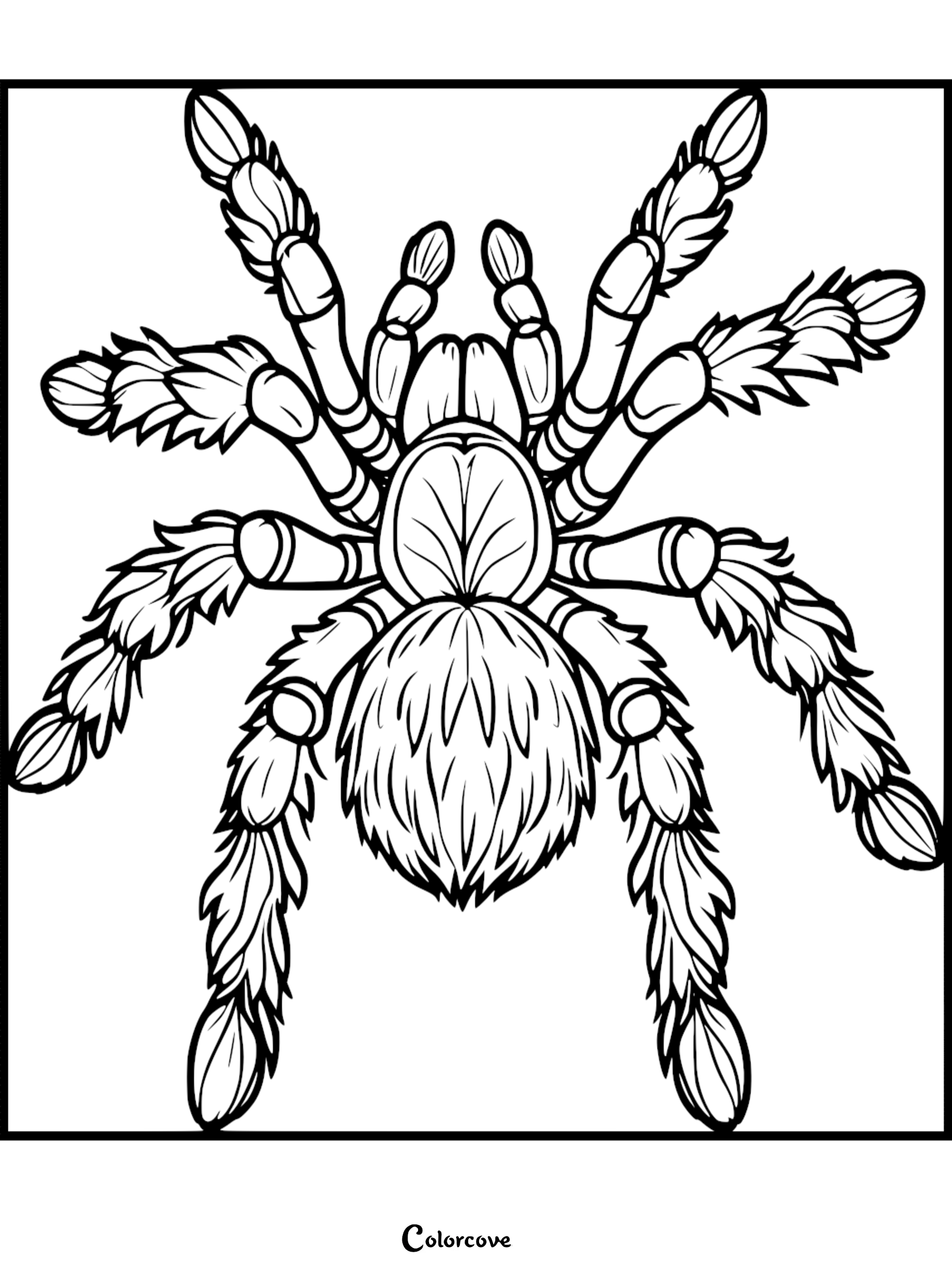 A detailed line art coloring page of a fuzzy tarantula with eight hairy legs and a segmented body.
