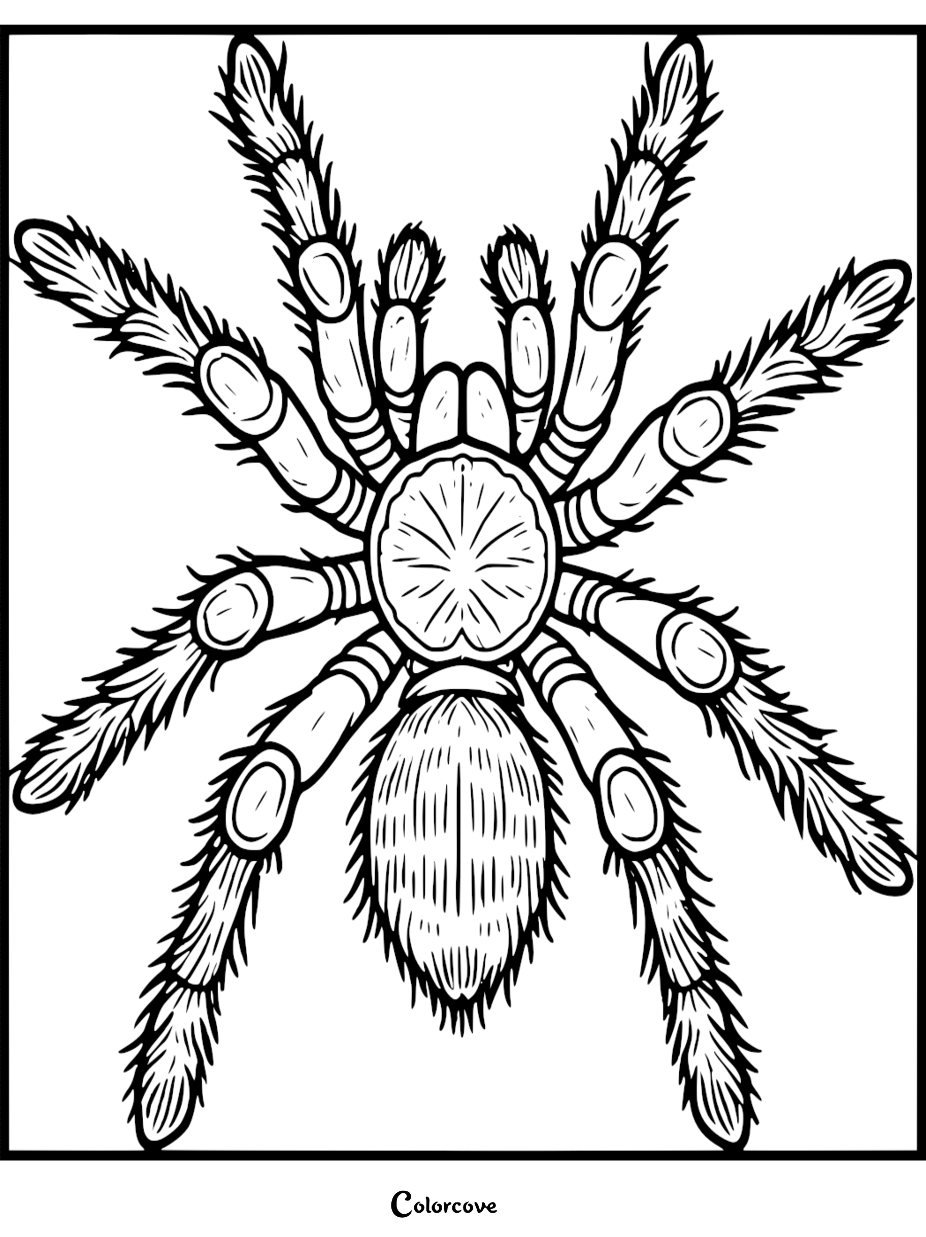 A detailed coloring page of a large tarantula with hairy legs and a segmented body viewed from above.