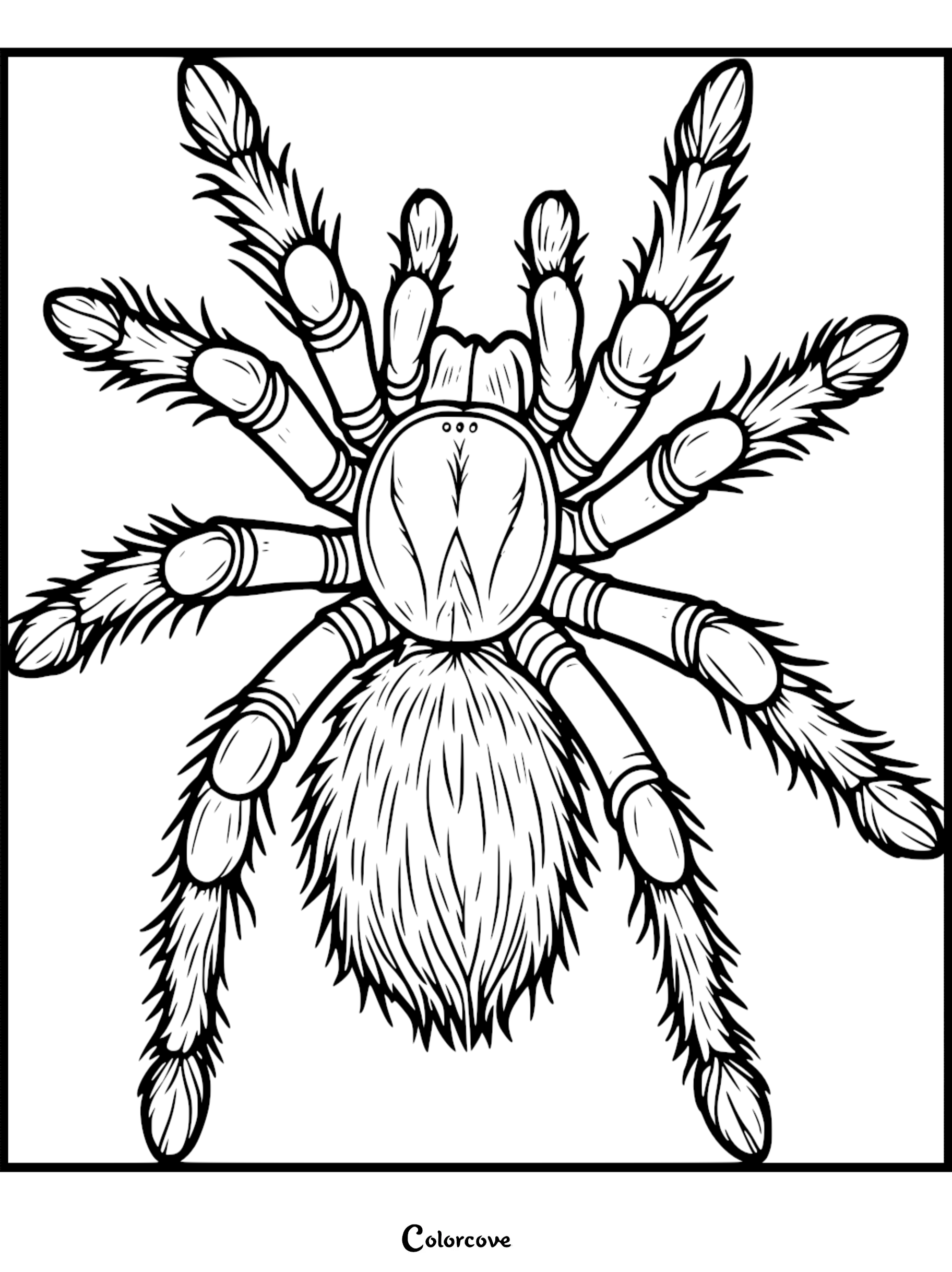 A detailed line art coloring page of a fuzzy tarantula viewed from above with eight hairy legs and a segmented body.