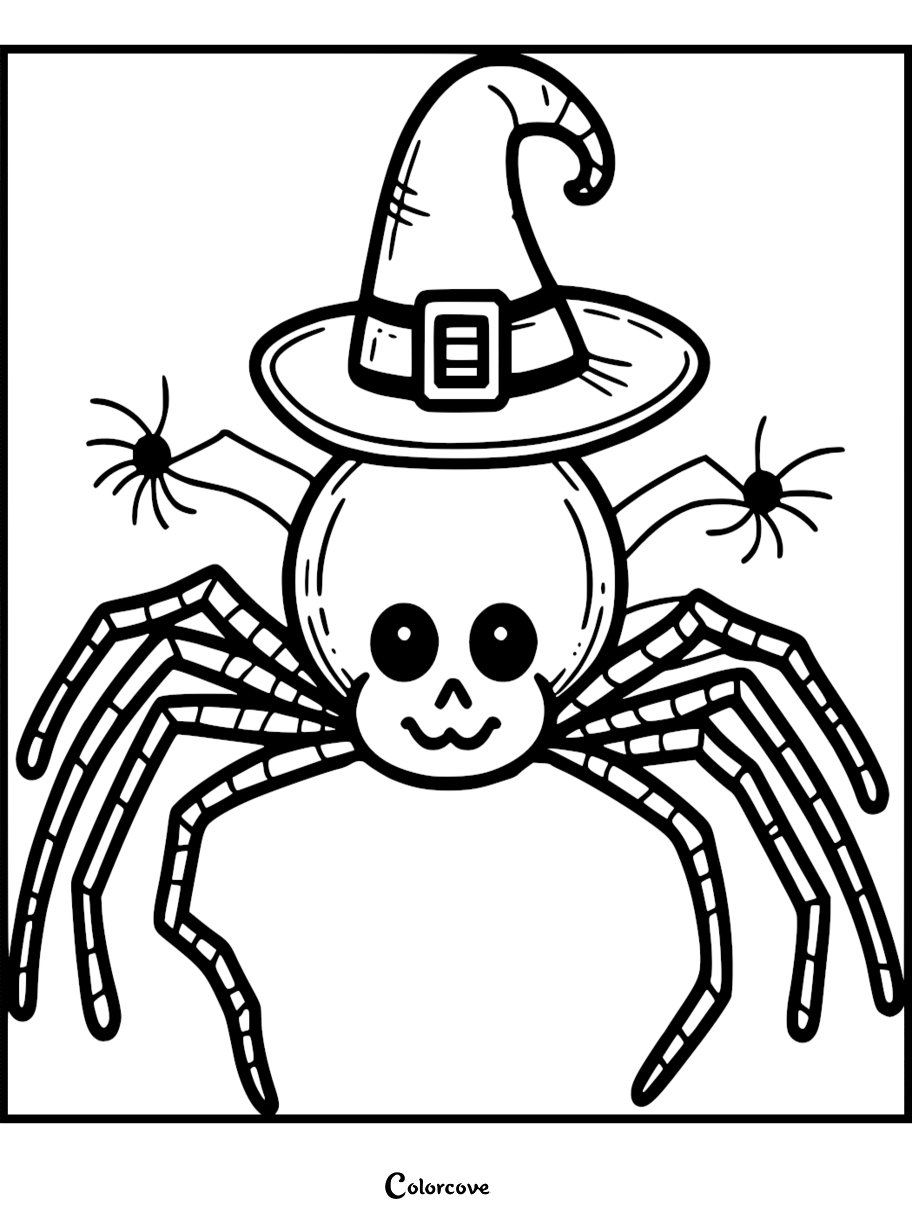 A cute spider wearing a witch hat in this printable coloring page for kids.