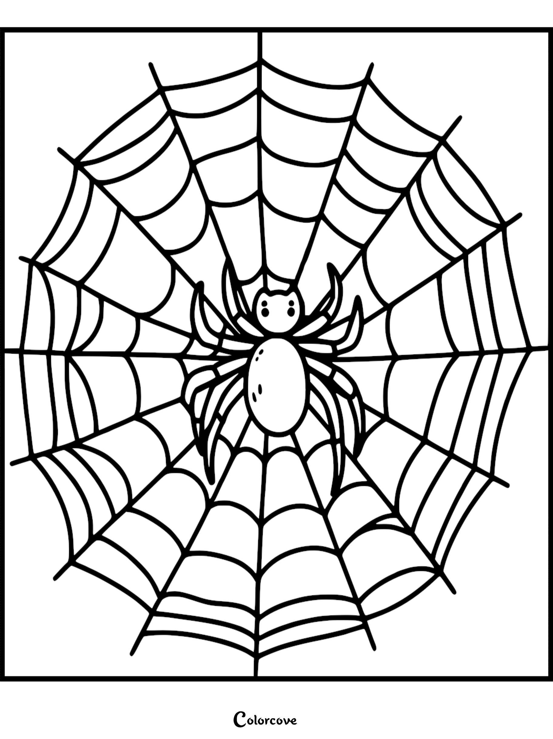 A simple line art coloring page featuring a cute cartoon spider with large eyes sitting in the center of a circular spider web.