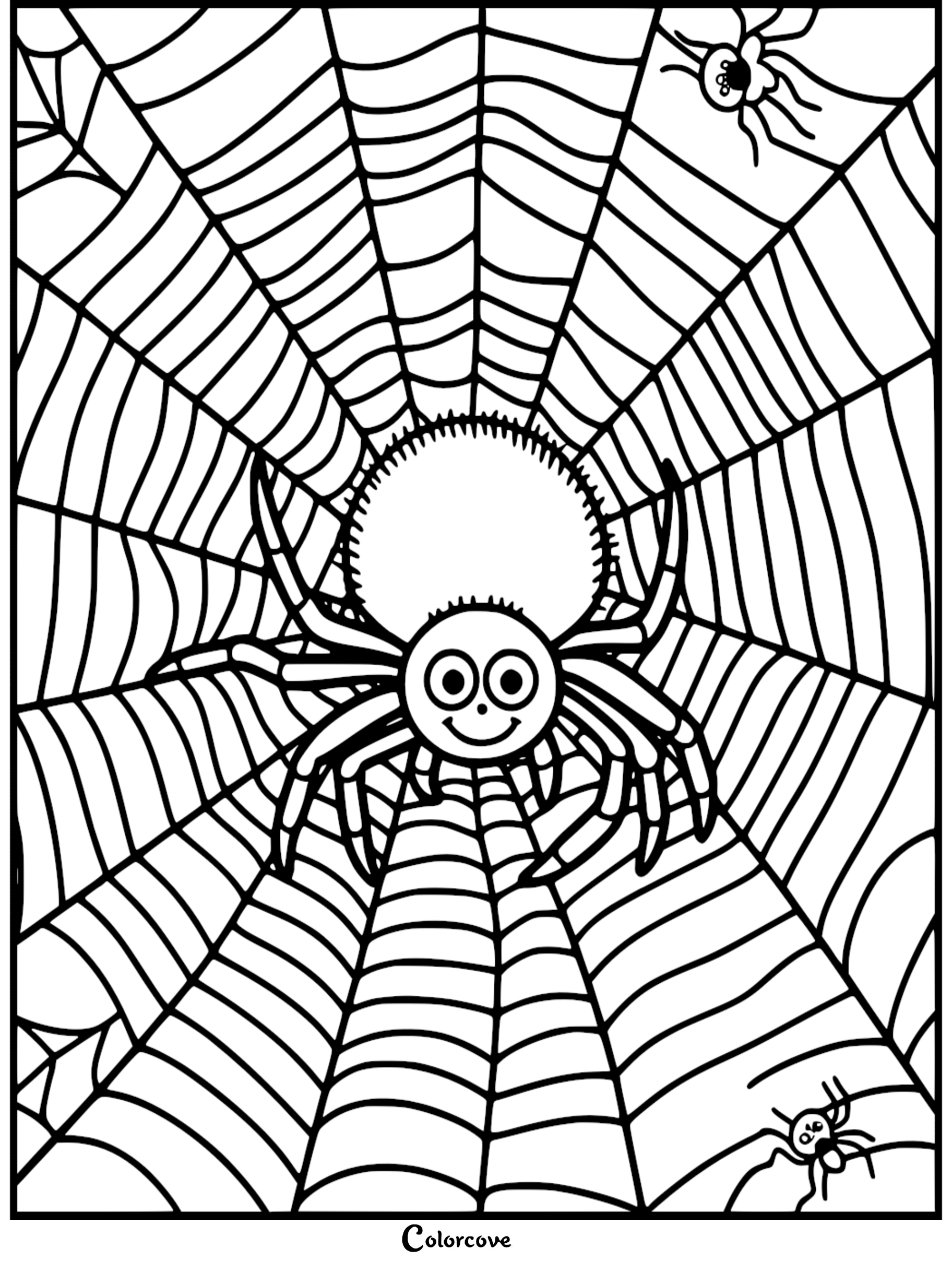 A friendly cartoon spider with large eyes sitting in the center of a large web, with two smaller spiders in the corners of this printable coloring page.