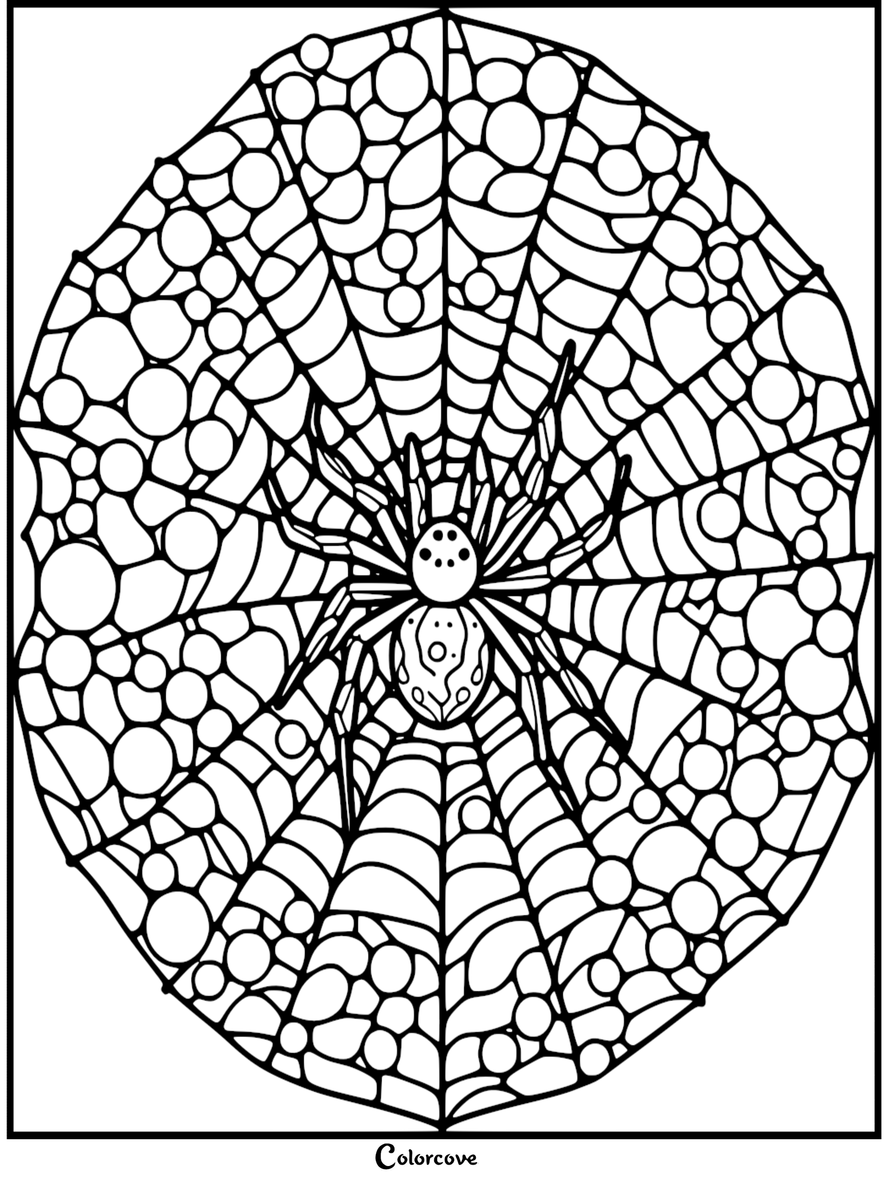 A cute spider sitting in the center of a circular, bubble-filled web mandala coloring page.