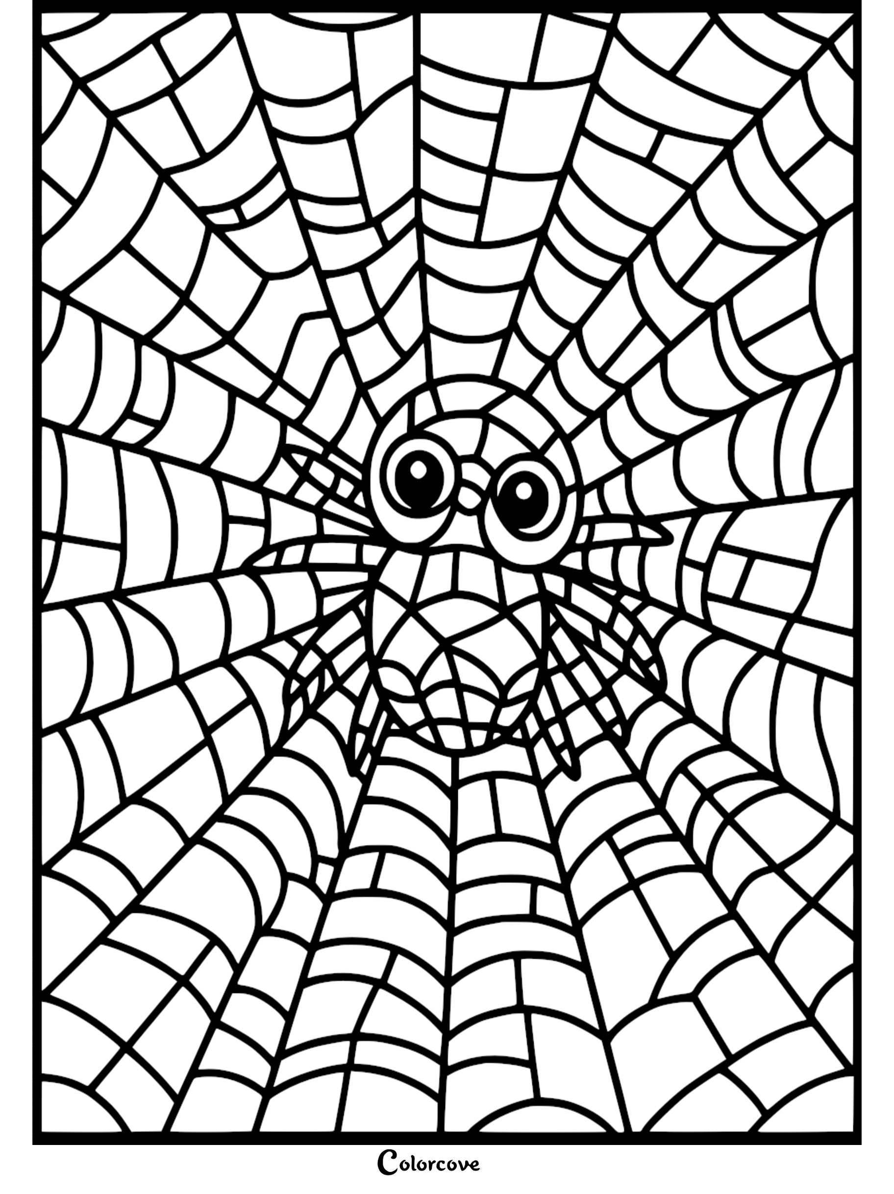 A cute spider with large eyes sitting in the center of a geometric stained glass style web coloring page.