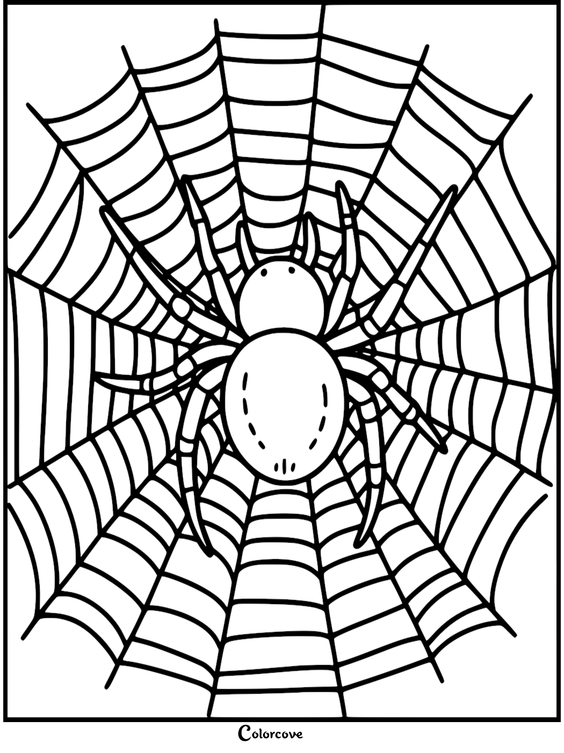A simple line art coloring page featuring a friendly spider with eight legs resting in the center of a large circular web.