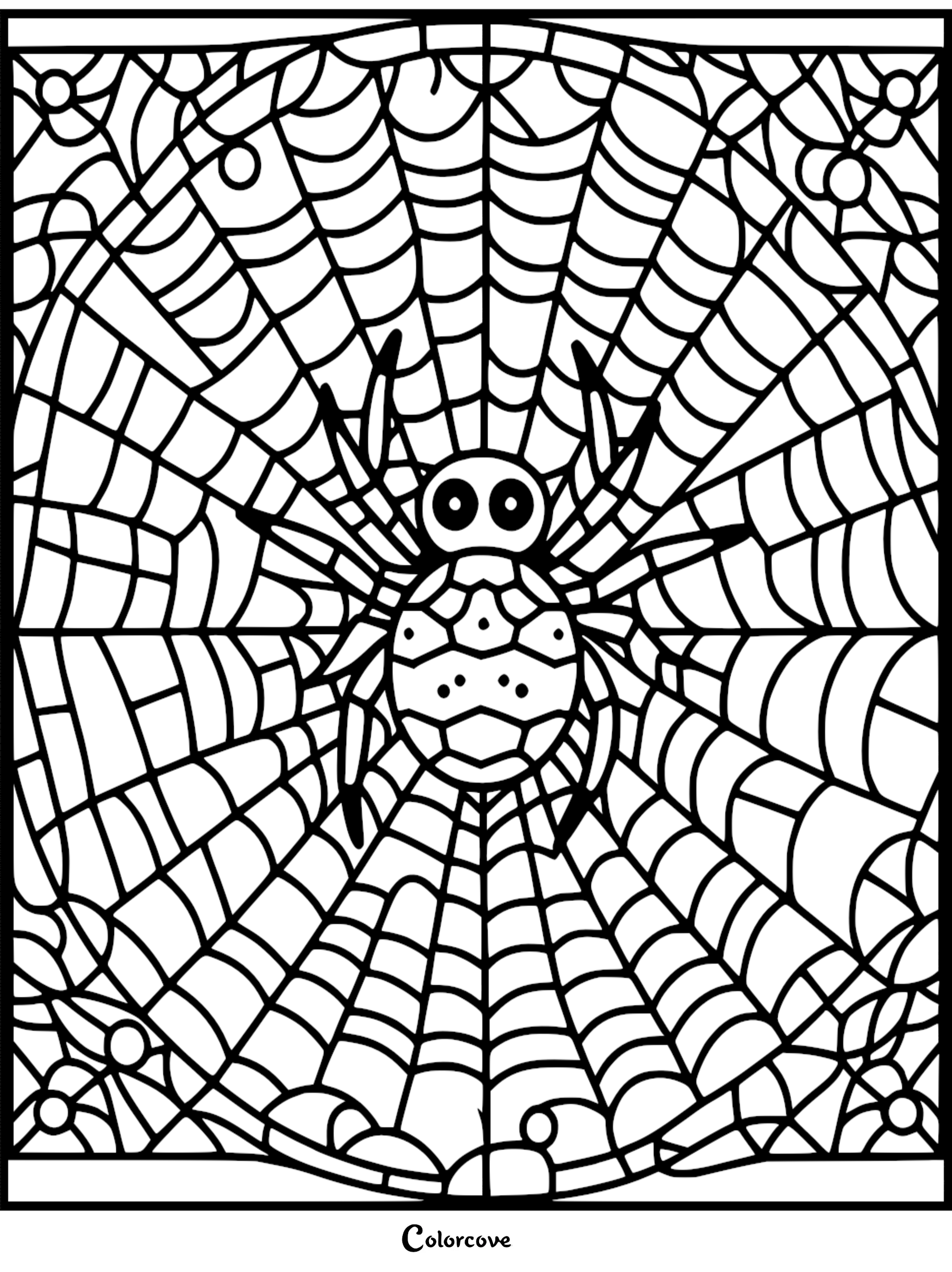 A cute spider with large eyes sitting in the center of a geometric stained-glass style web coloring page.