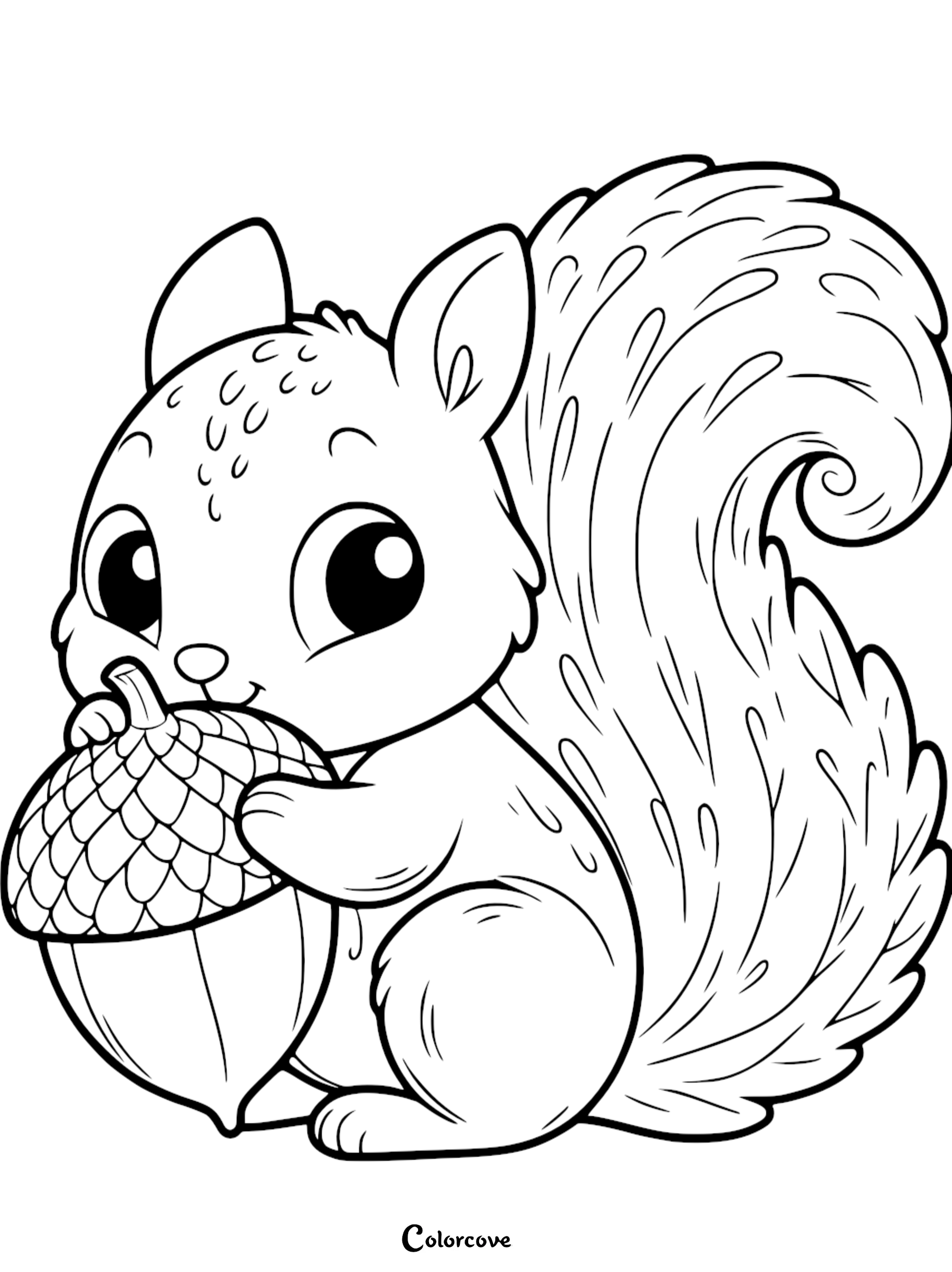 a black and white drawing of a squirrel holding a nut