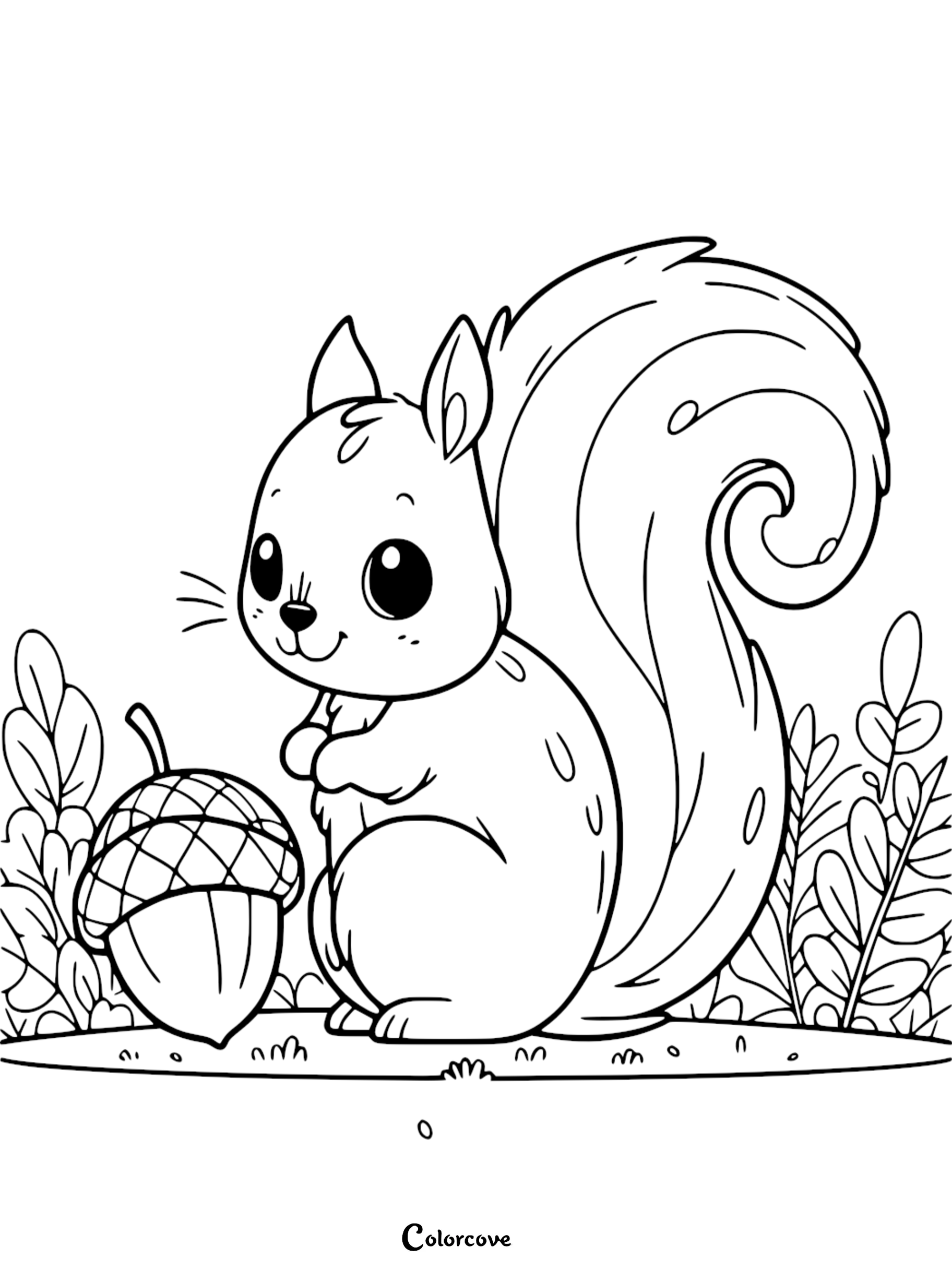 a black and white drawing of a squirrel with a nut