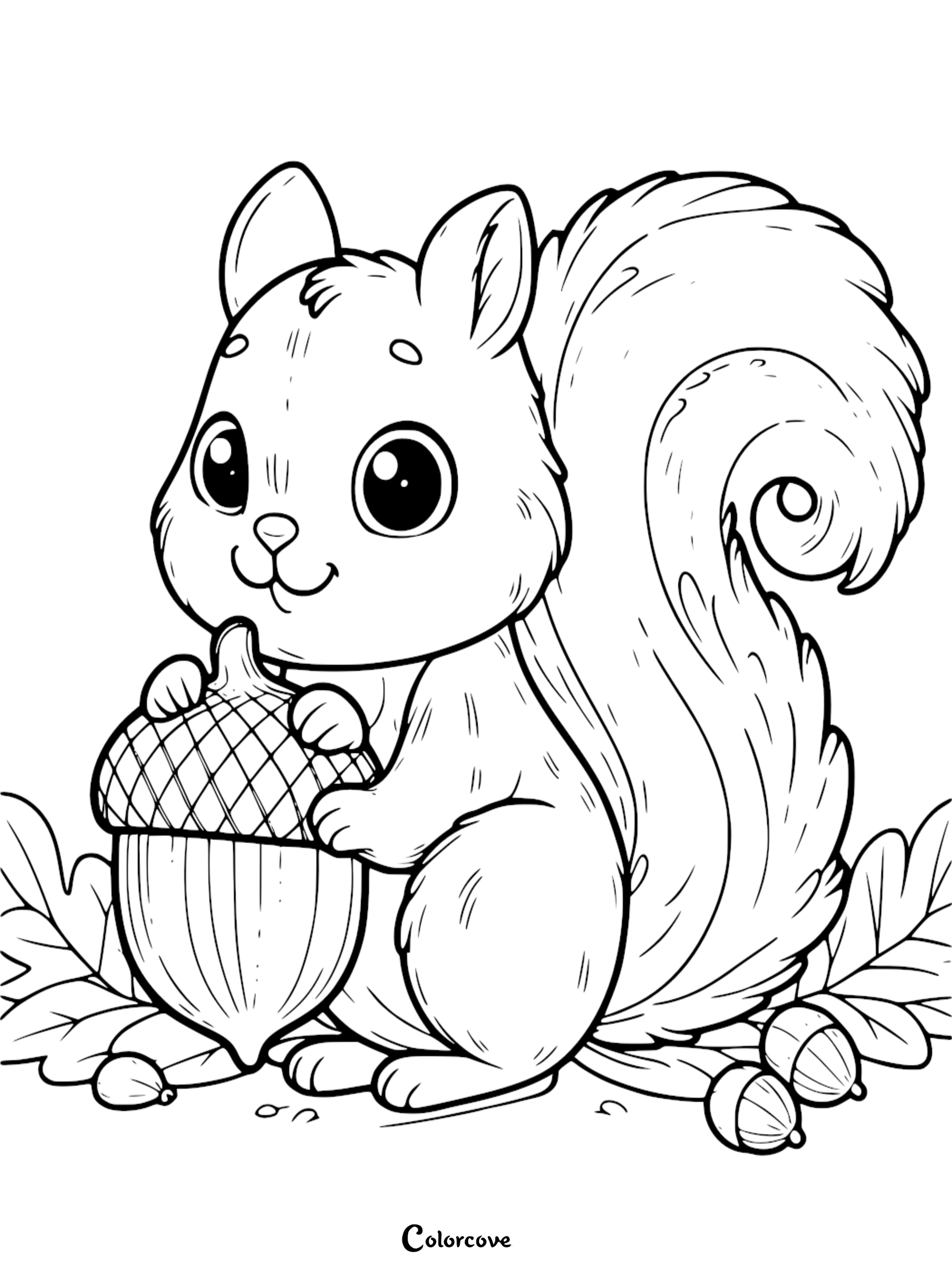 a black and white drawing of a squirrel holding a nut