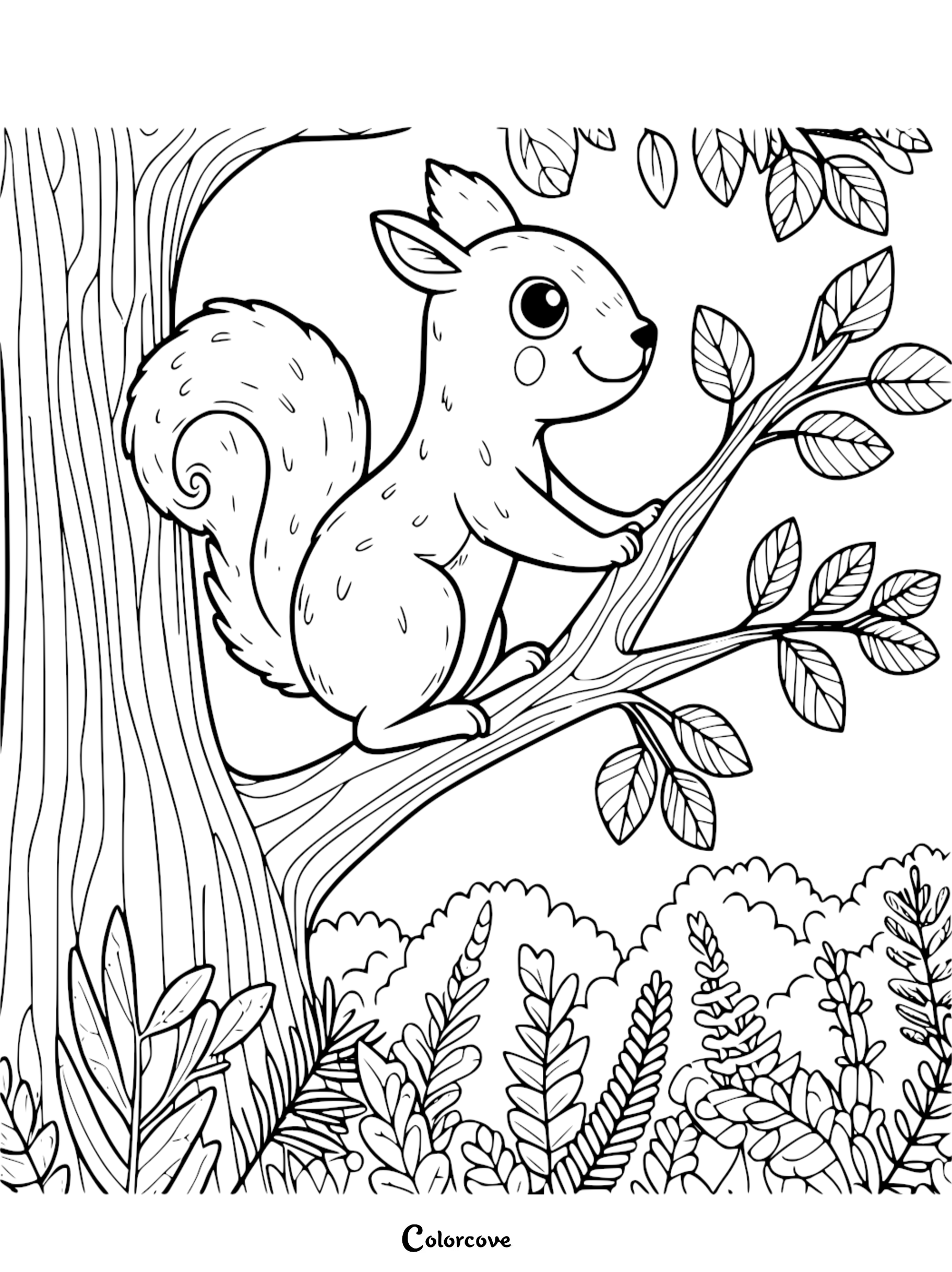 a black and white drawing of a squirrel on a tree branch