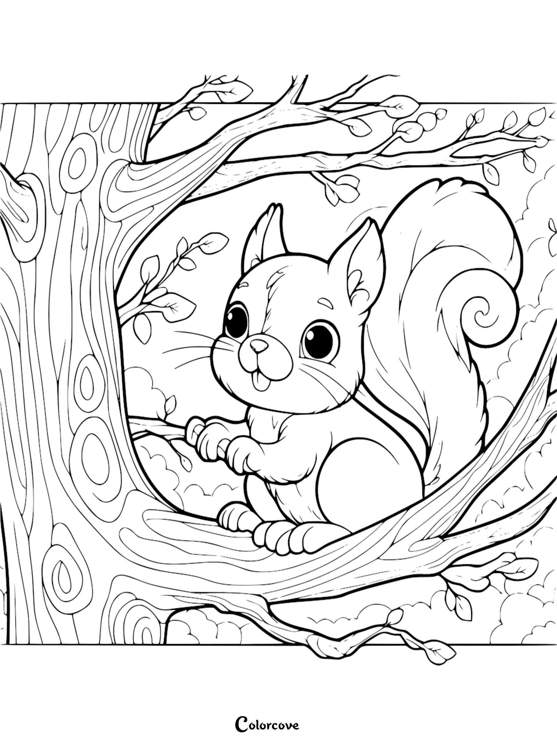 a black and white drawing of a squirrel on a tree branch